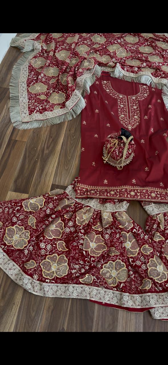 FLORAL NET CUT WORK CHIFFON SILK GHARARA