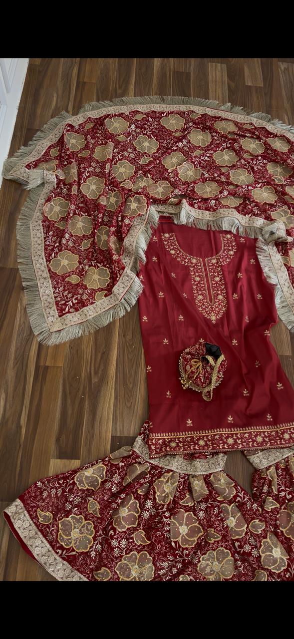 FLORAL NET CUT WORK CHIFFON SILK GHARARA