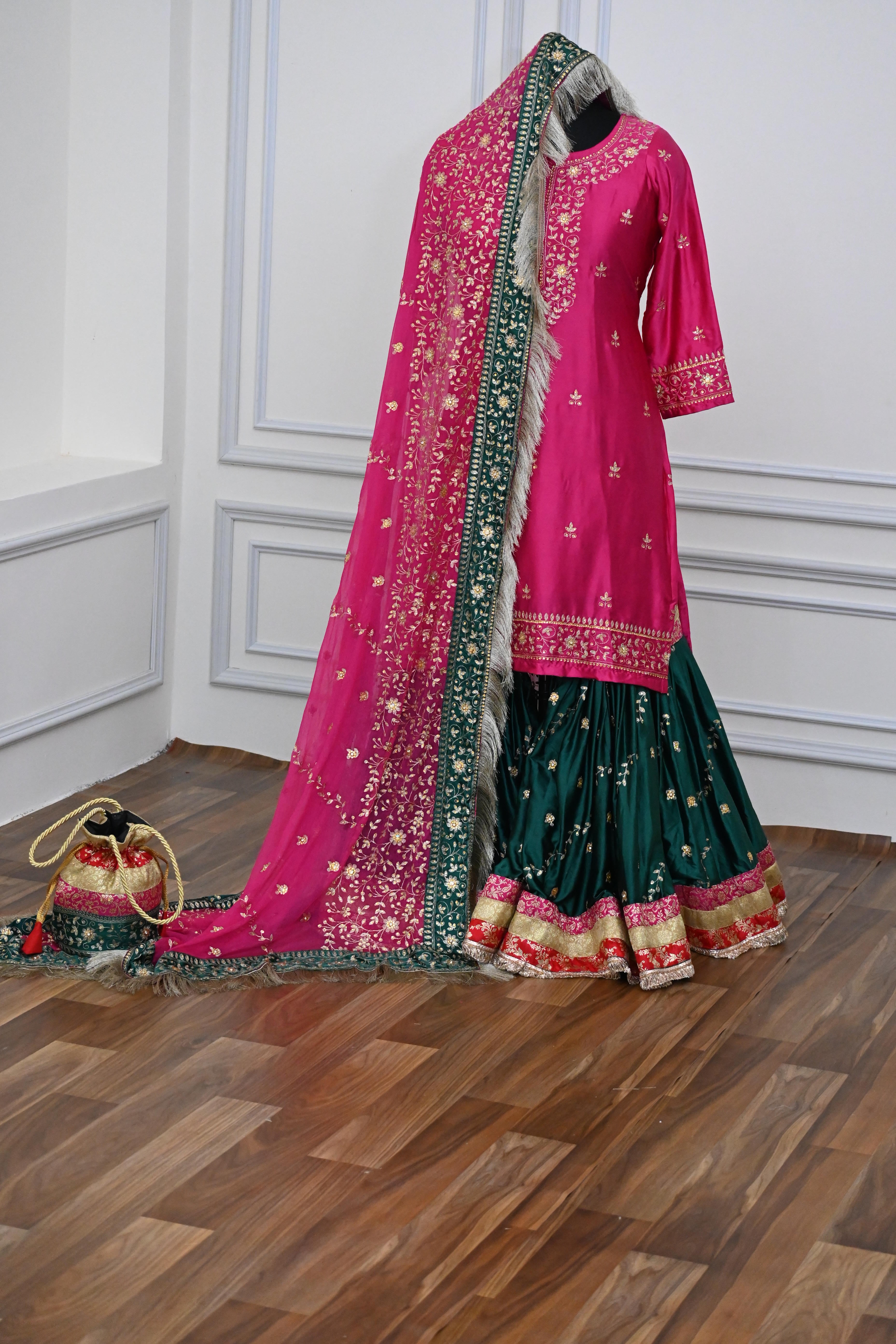 Contrast Embroidery Gharara On Mashroo Silk Fabric