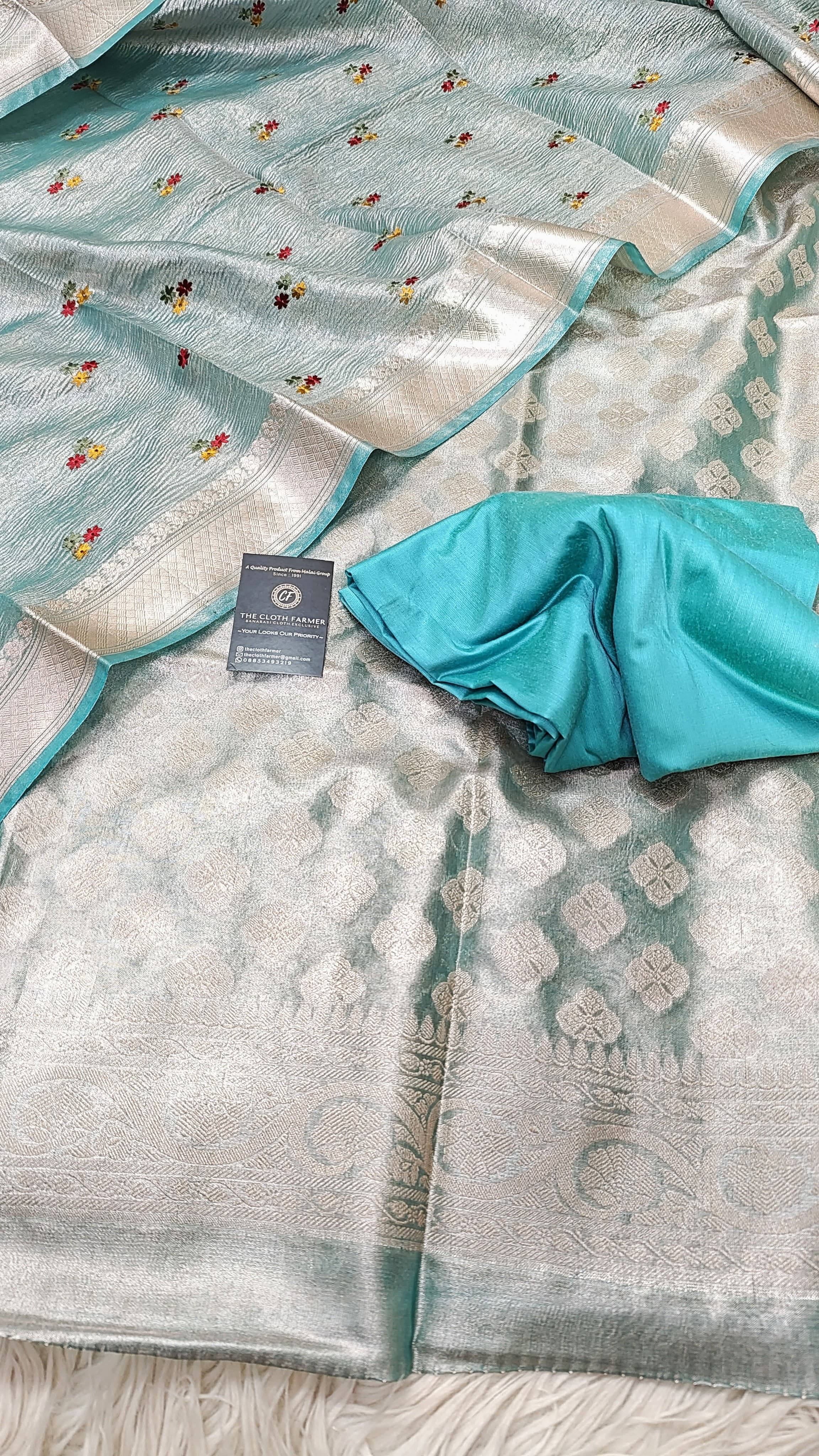 Firozi Tissue Silk 3 Piece Weaving Suit with Zari Border Meenadar Dopatta