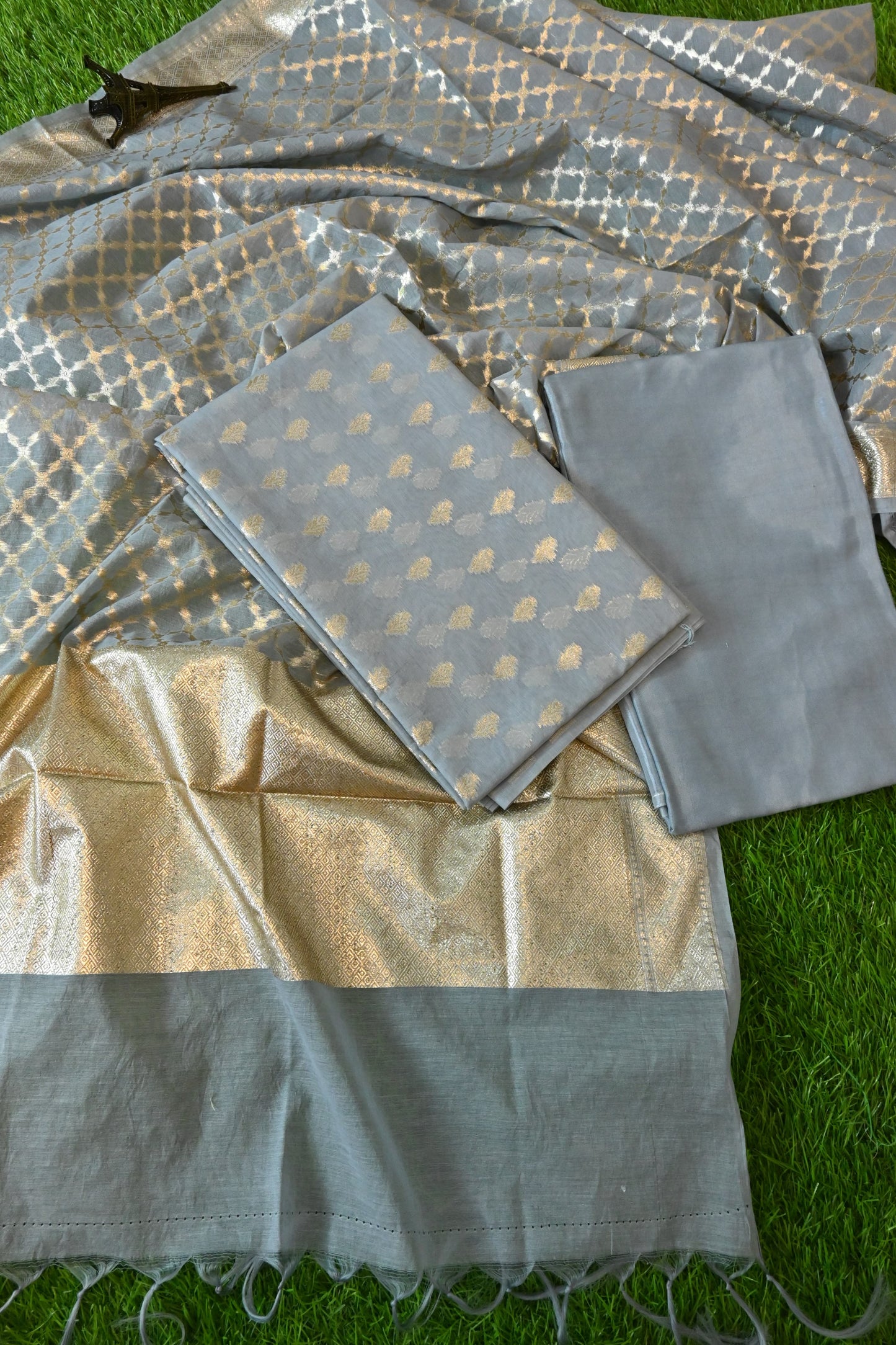 Grey Banarasi Cotton Silk 3 Piece Suit