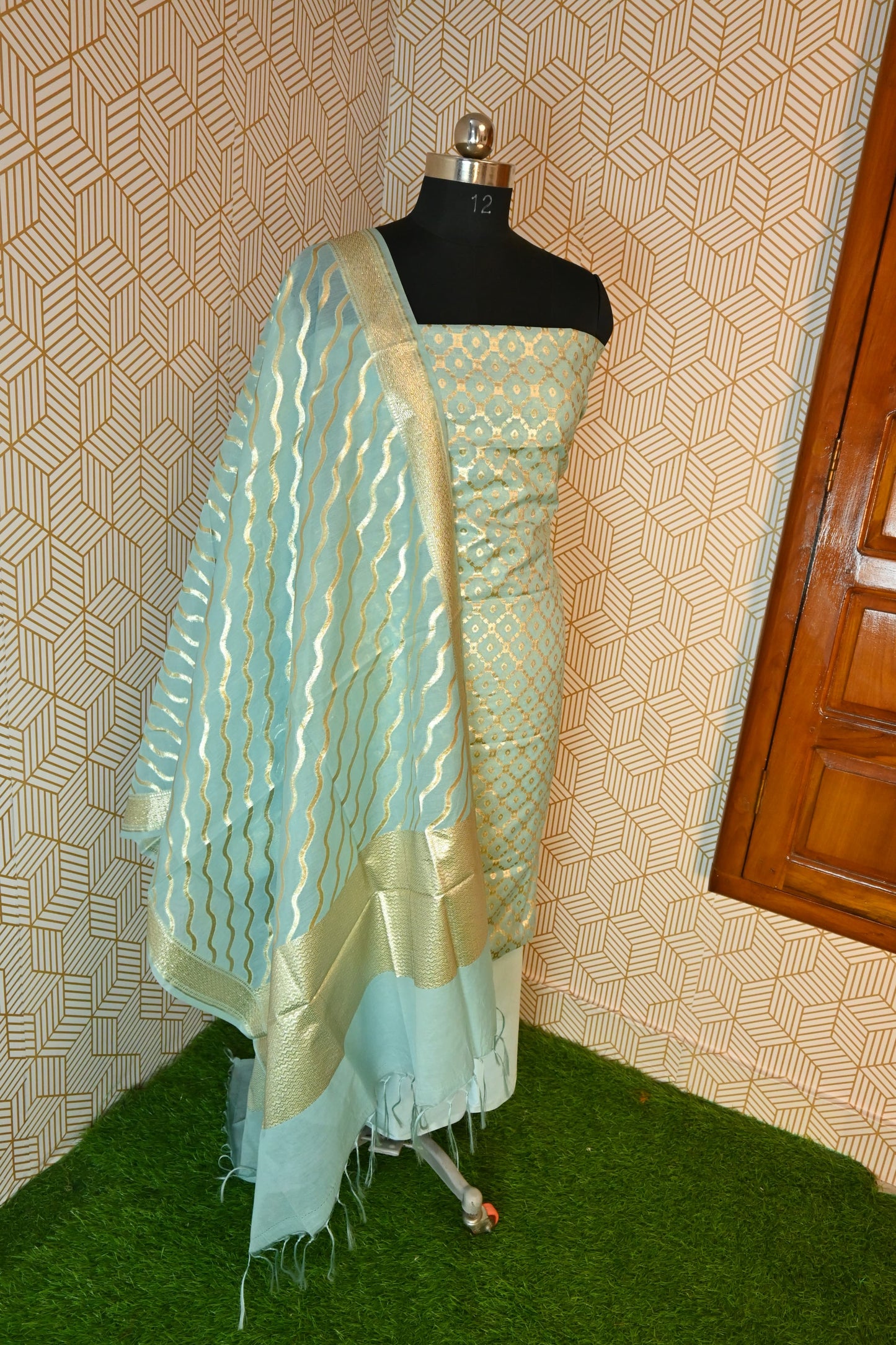 Sky Blue Banarasi Cotton Silk 3 Piece Suit