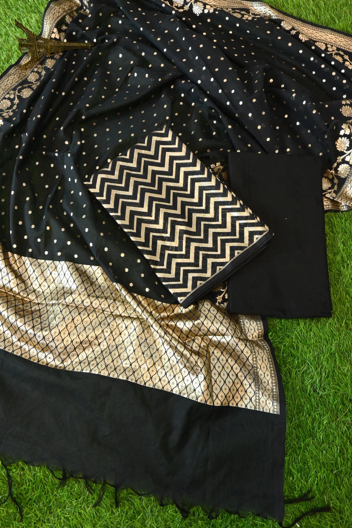 Black Zig-Zag Banarasi Cotton Silk 3 Piece Suit