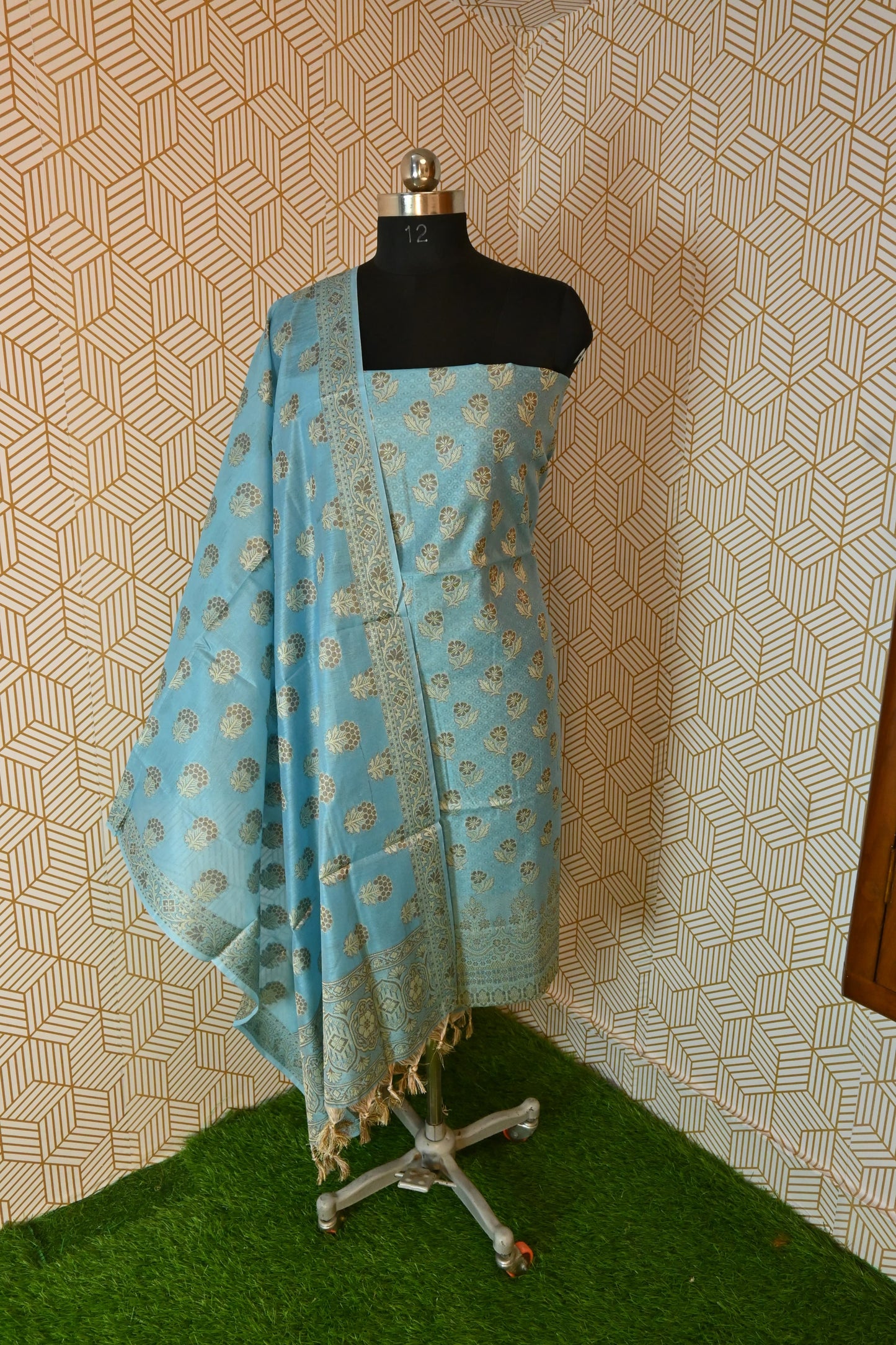 Sky Blue Banarasi cotton Silk 3 Piece Suit
