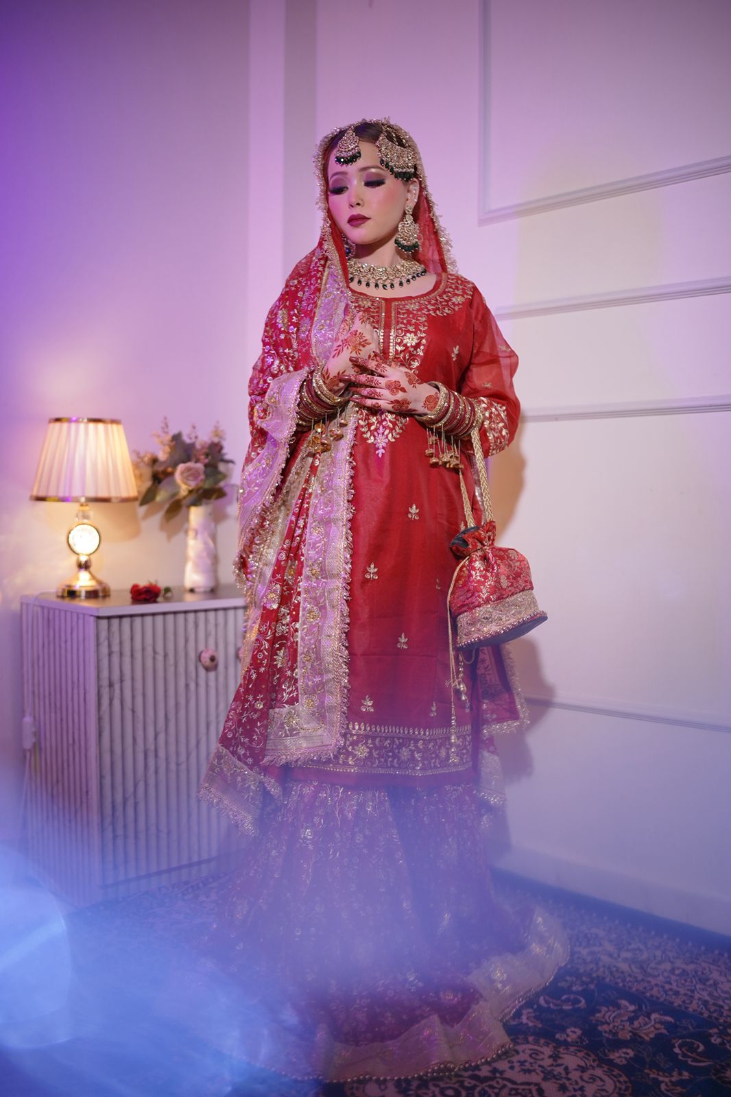 Maroon shade Embroidered Gharara with chiffon silk base
