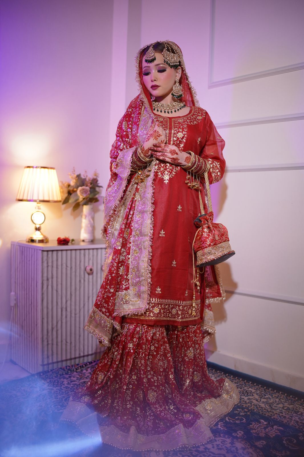 Maroon shade Embroidered Gharara with chiffon silk base