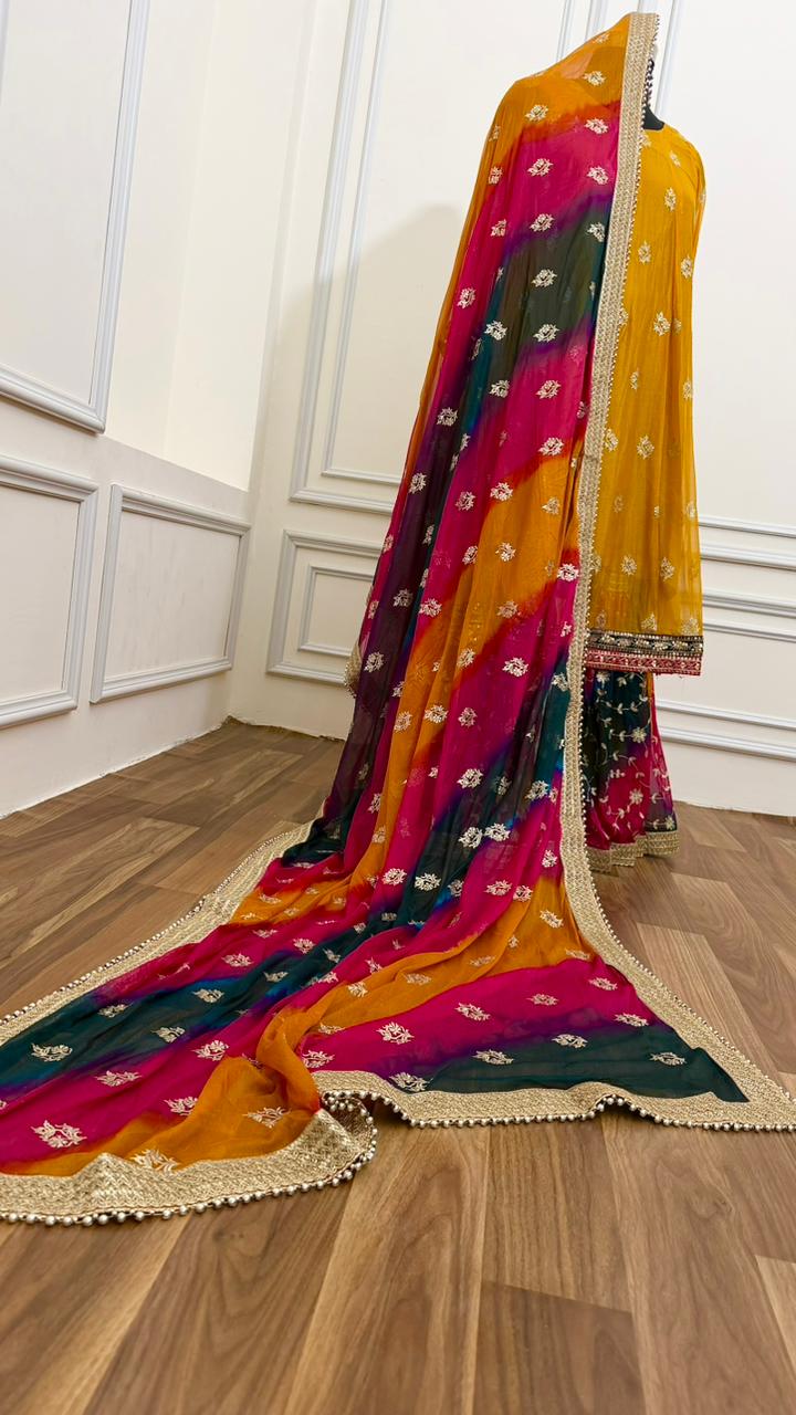 CHIFFON SILK BASED HALDI SPECIAL MULTI GHARARA