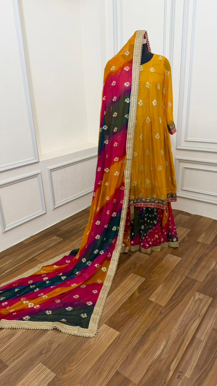 CHIFFON SILK BASED HALDI SPECIAL MULTI GHARARA