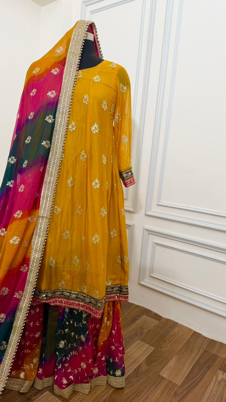 CHIFFON SILK BASED HALDI SPECIAL MULTI GHARARA