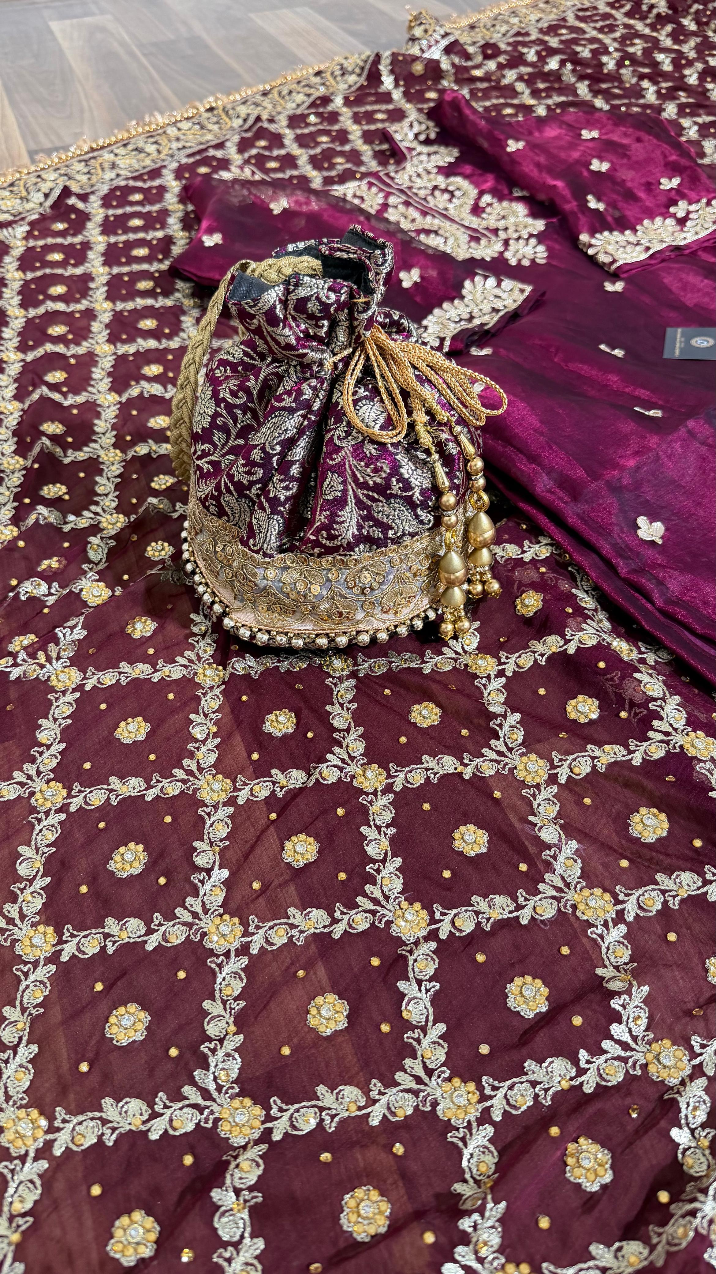 100% PURE TISSUE SILK HAND WORK KURTI GHARARA