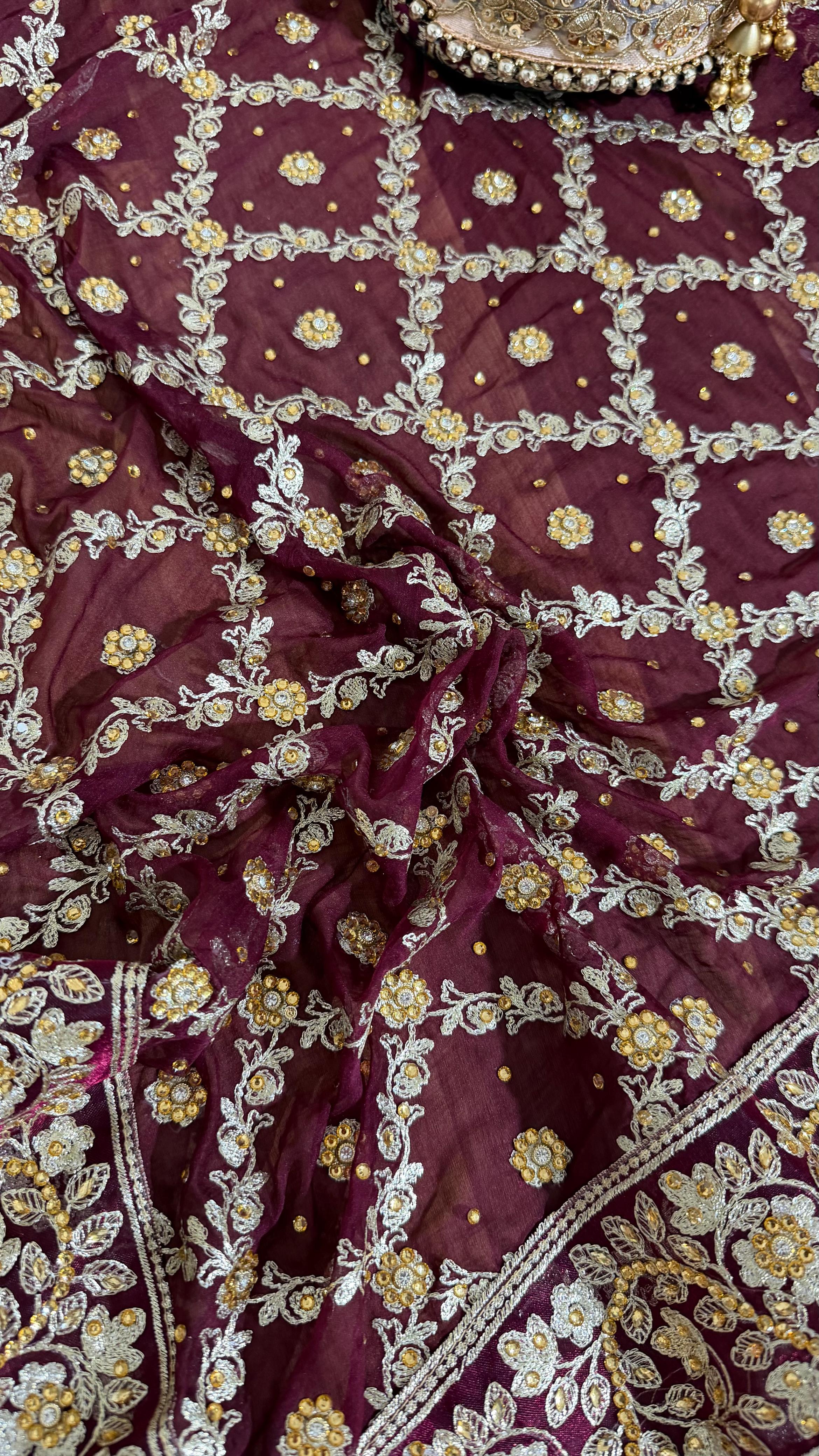 100% PURE TISSUE SILK HAND WORK KURTI GHARARA
