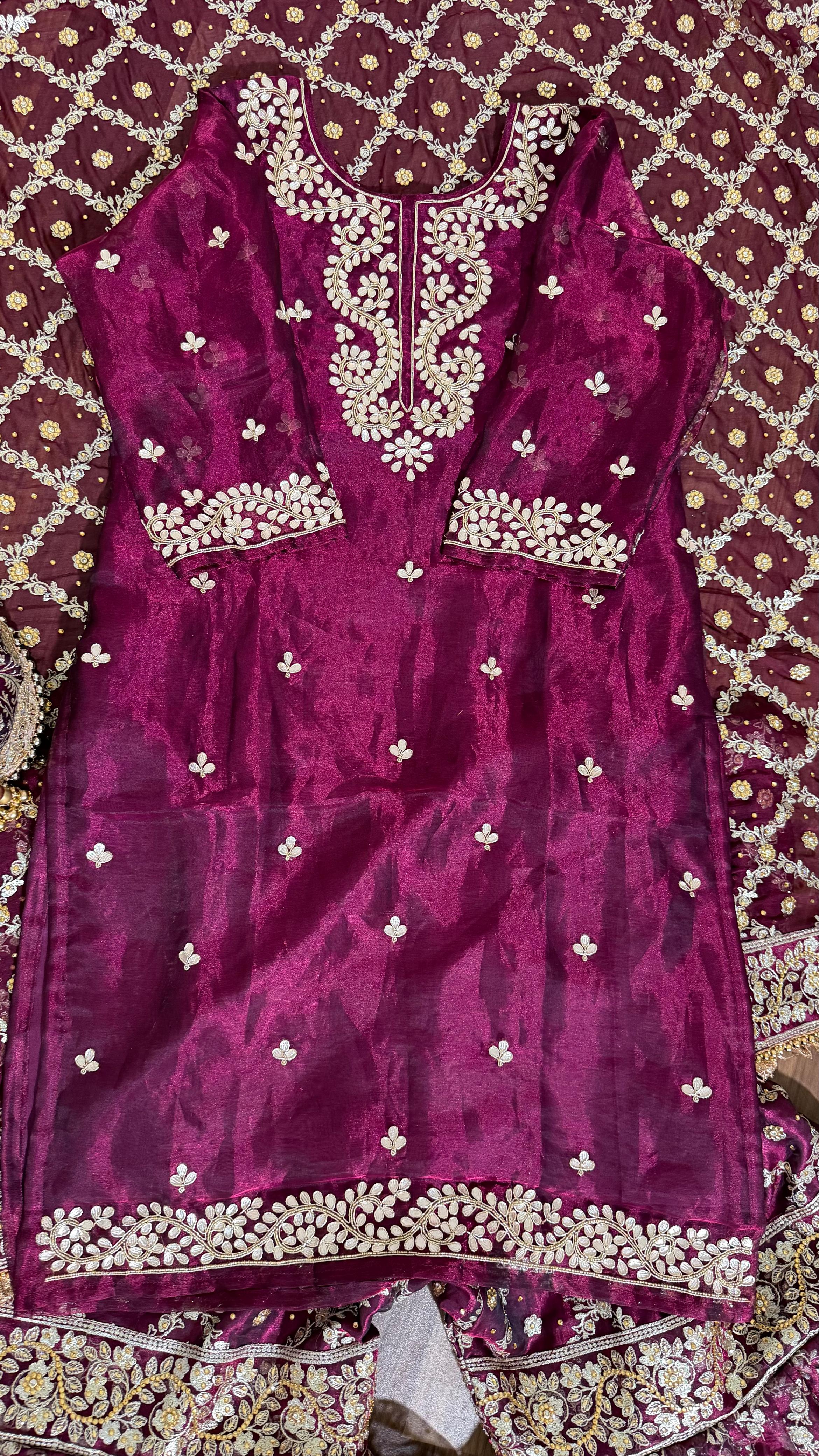100% PURE TISSUE SILK HAND WORK KURTI GHARARA