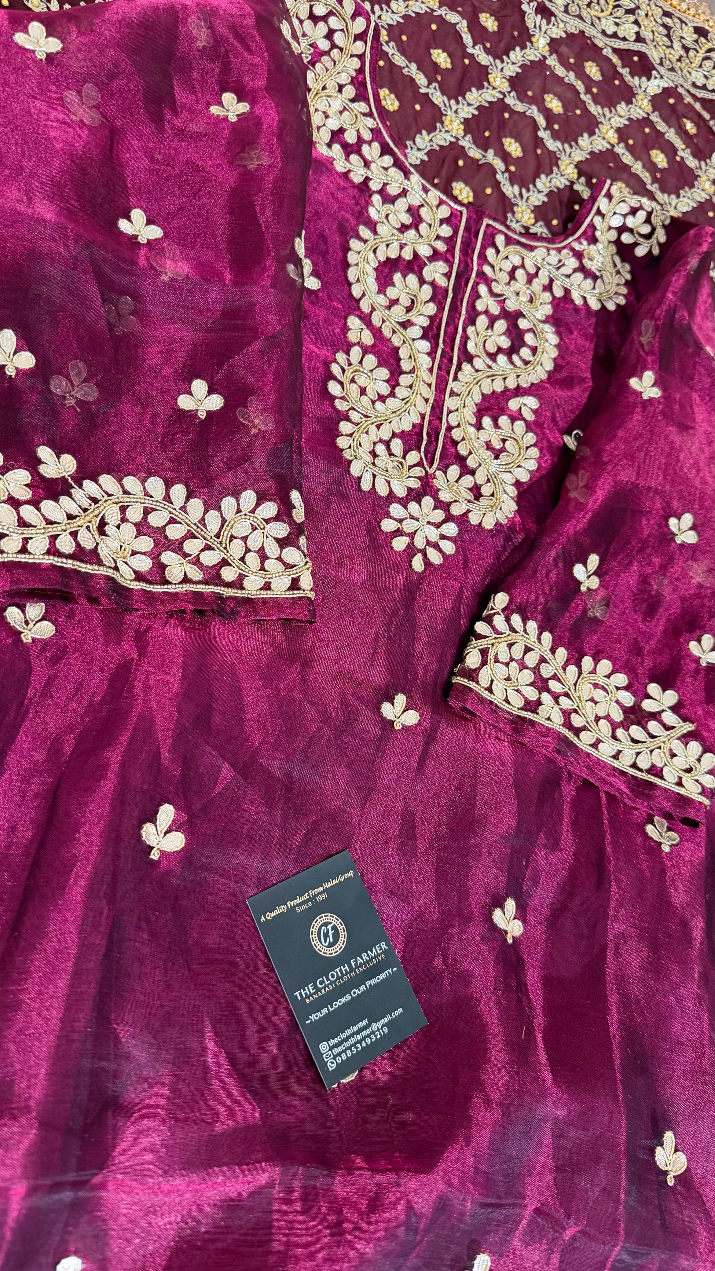 100% PURE TISSUE SILK HAND WORK KURTI GHARARA