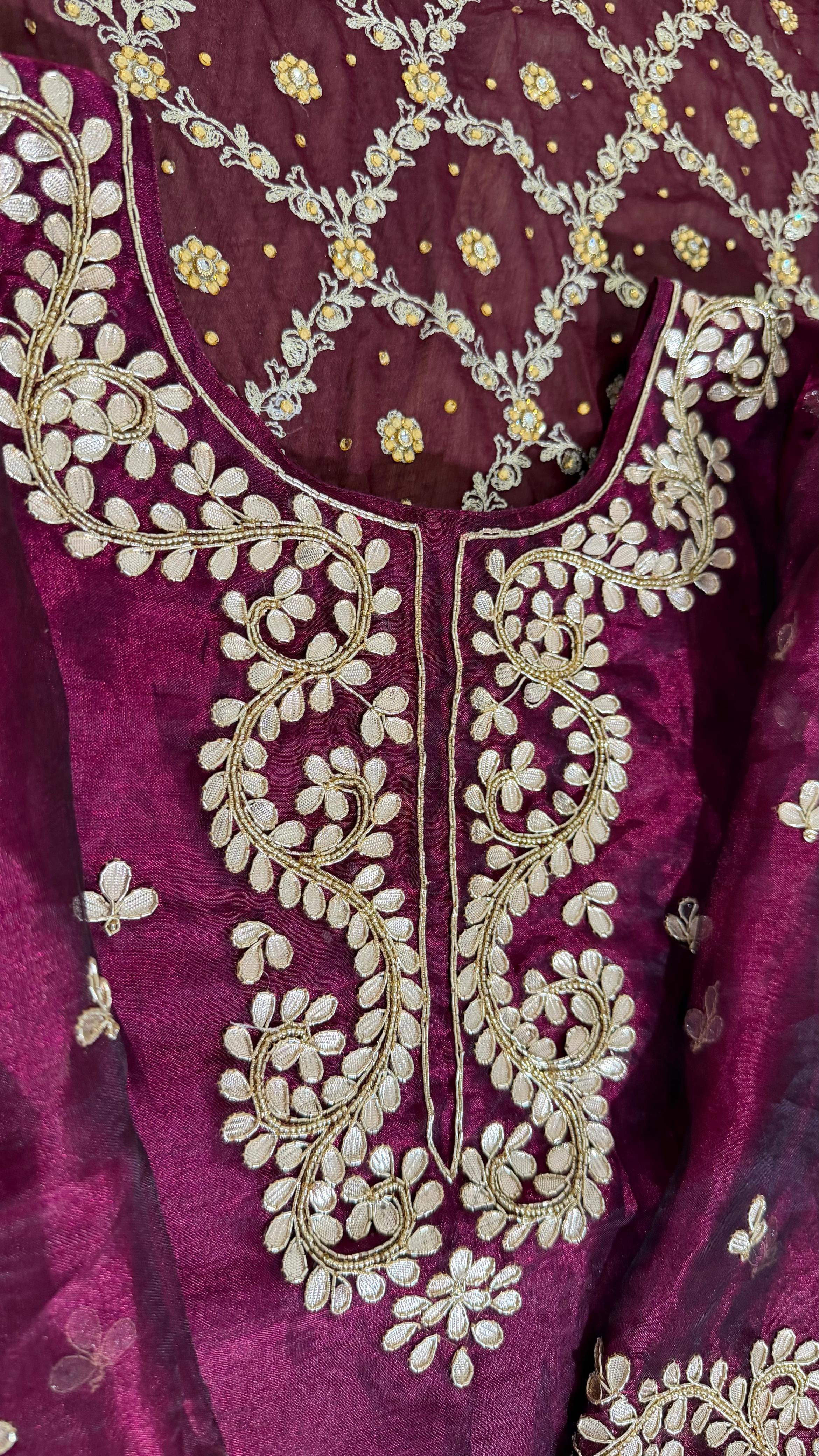 100% PURE TISSUE SILK HAND WORK KURTI GHARARA