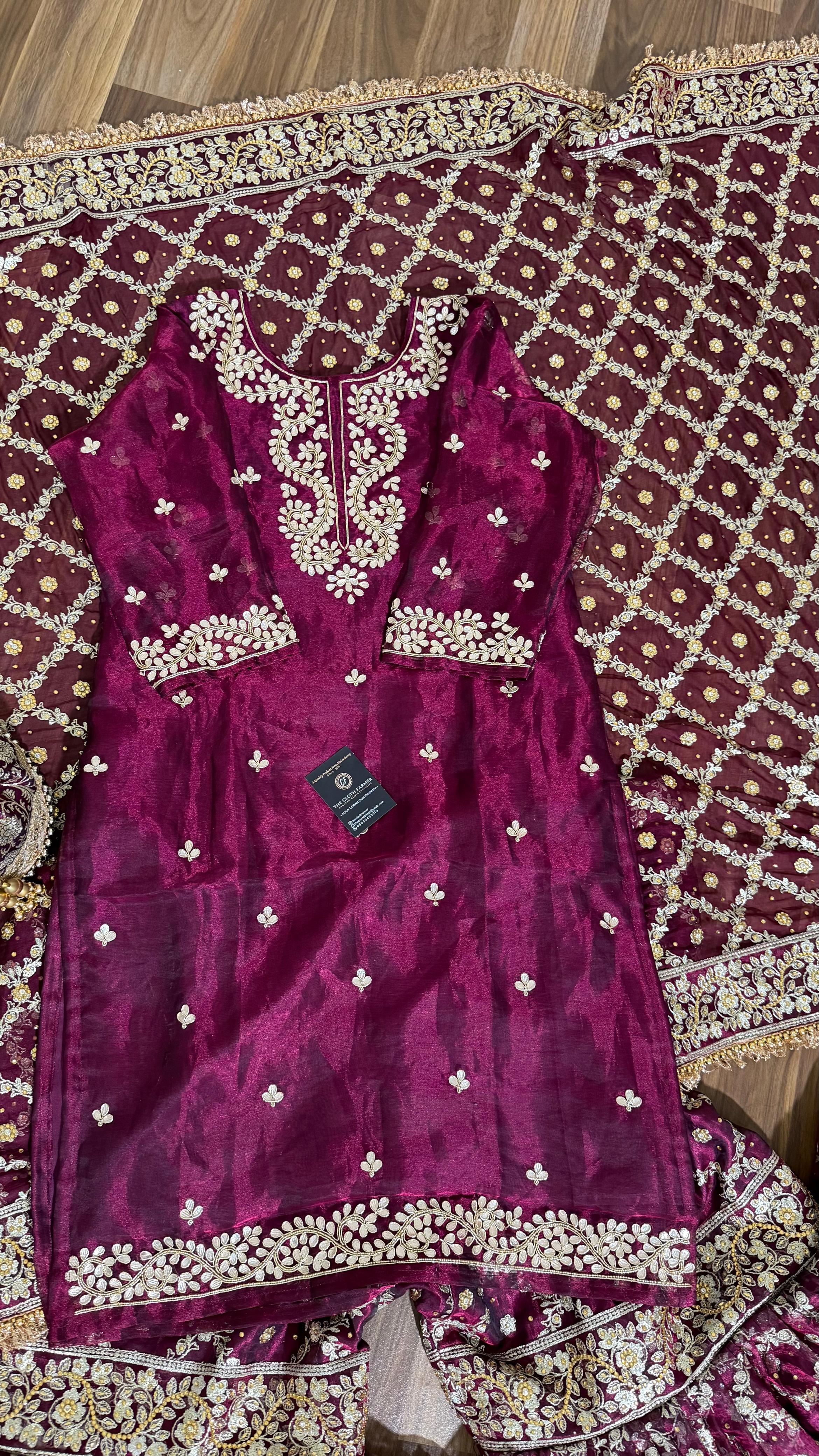 100% PURE TISSUE SILK HAND WORK KURTI GHARARA