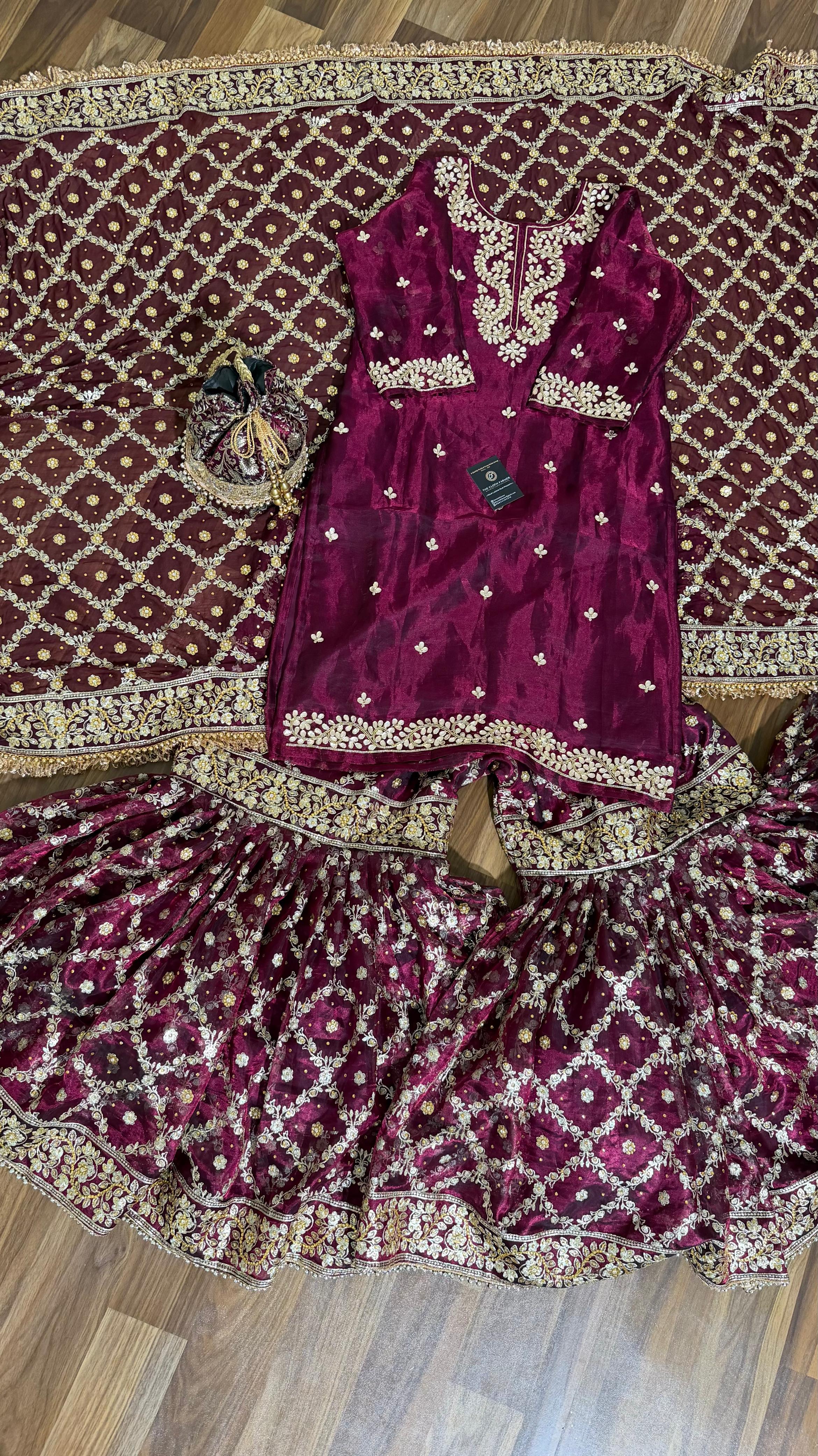 100% PURE TISSUE SILK HAND WORK KURTI GHARARA