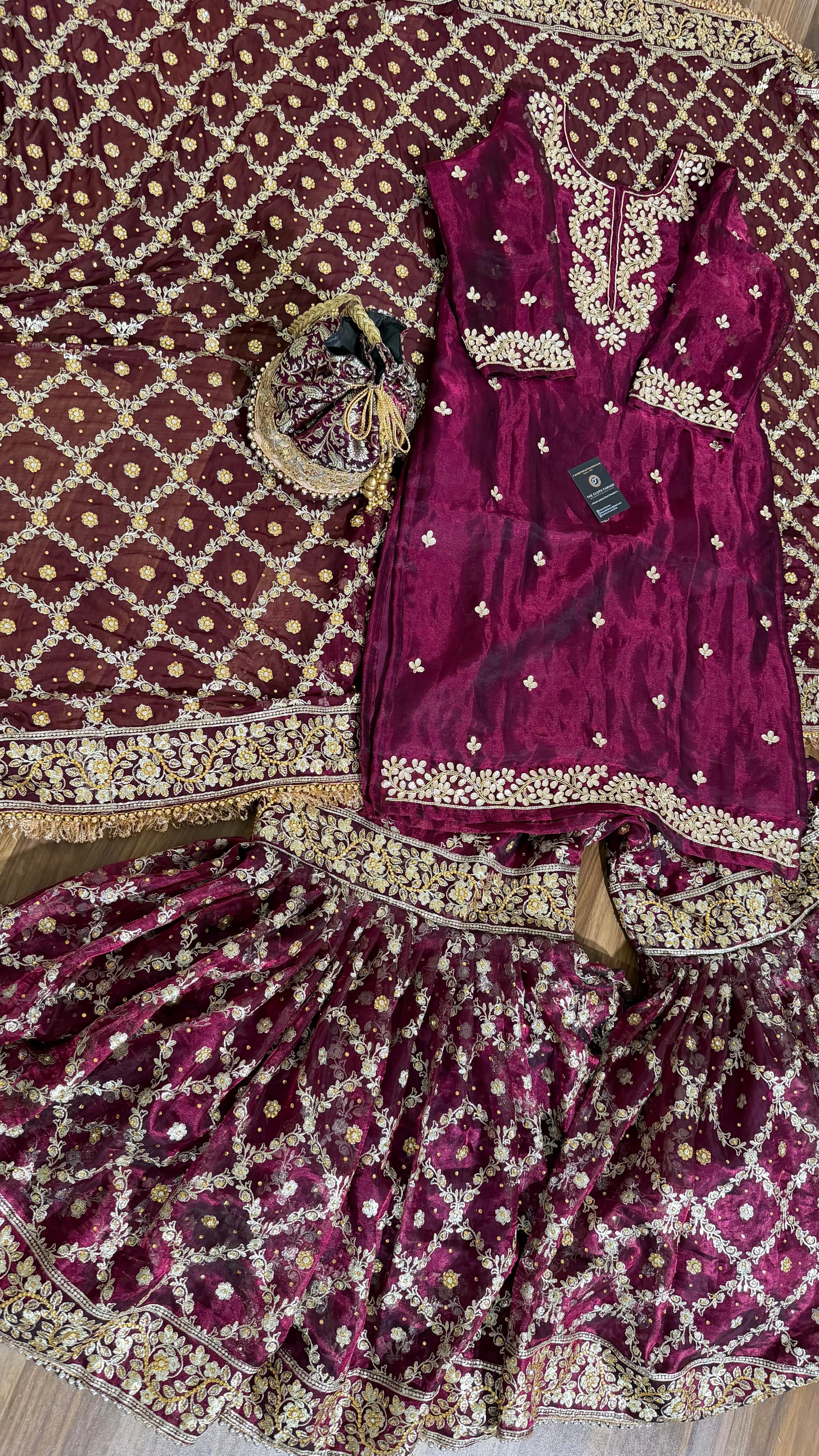 100% PURE TISSUE SILK HAND WORK KURTI GHARARA