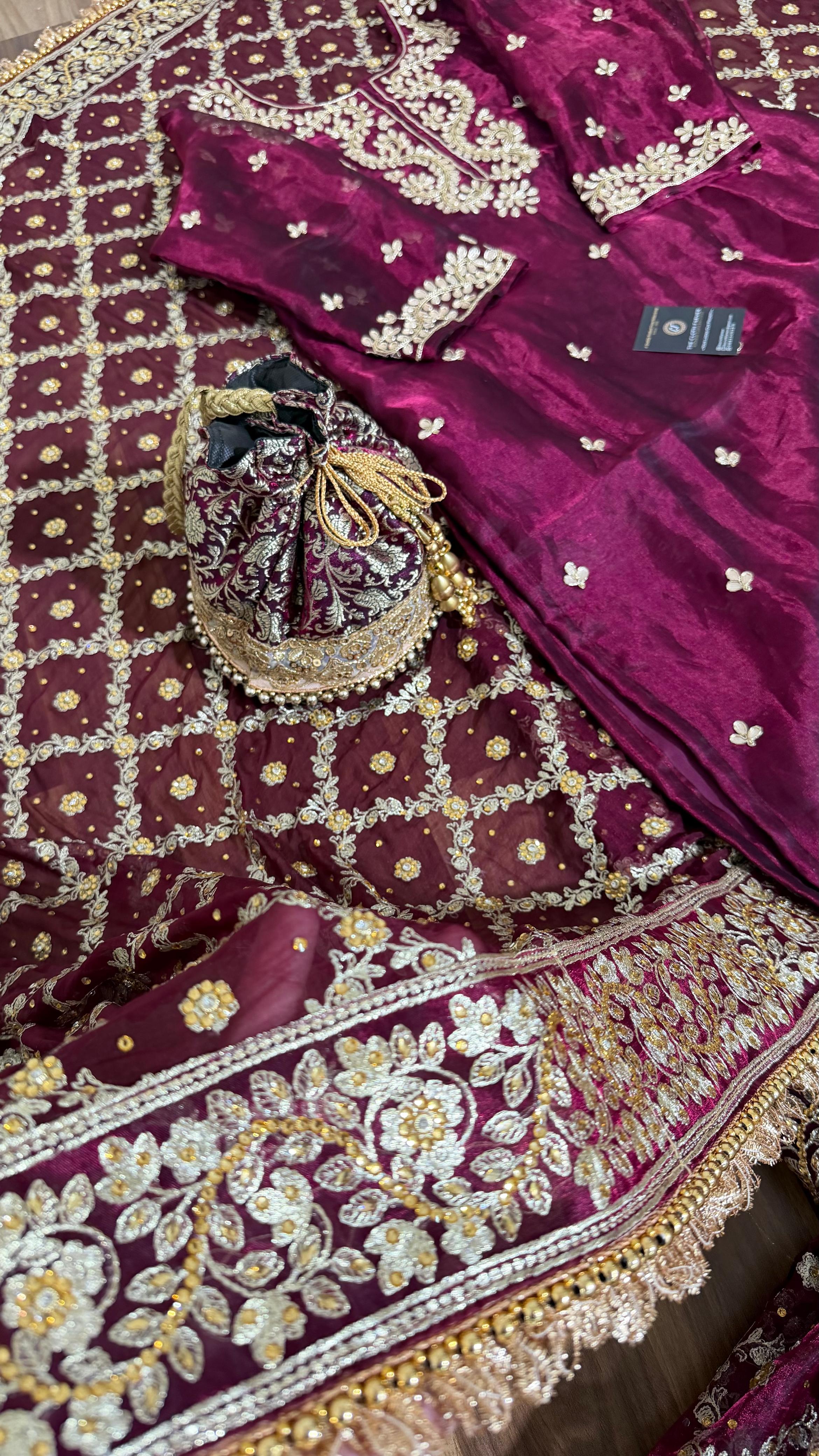 100% PURE TISSUE SILK HAND WORK KURTI GHARARA