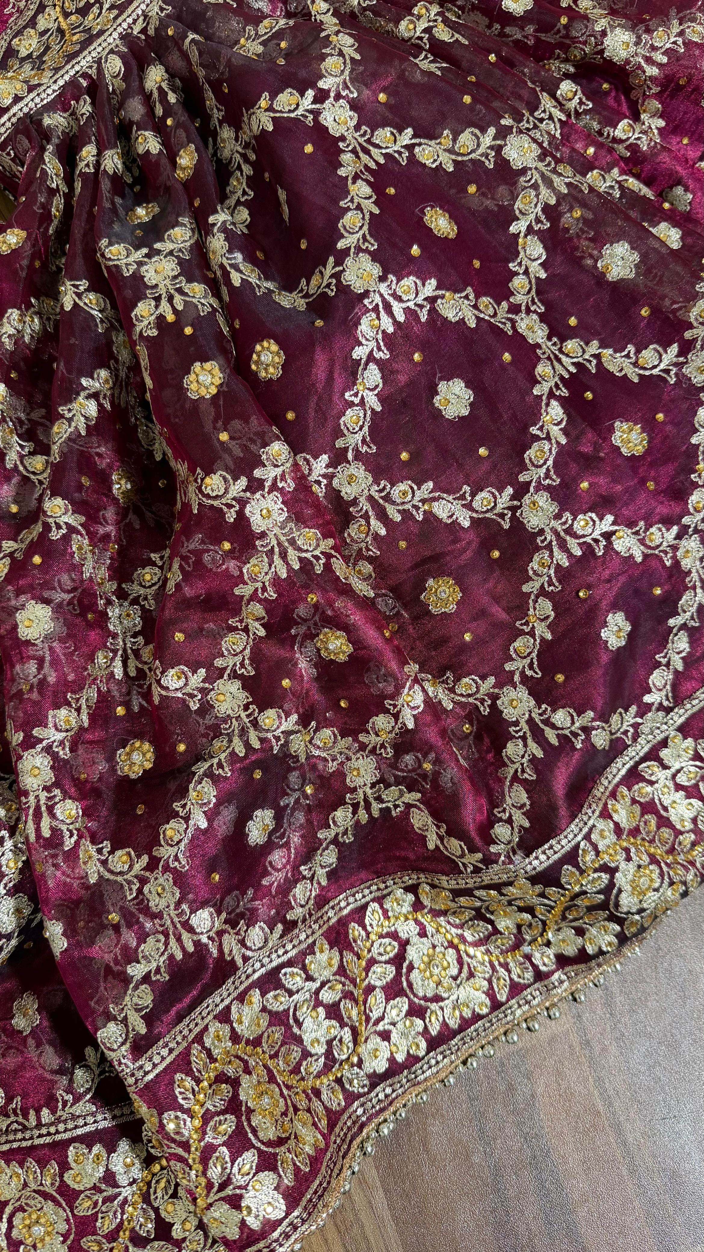 100% PURE TISSUE SILK HAND WORK KURTI GHARARA