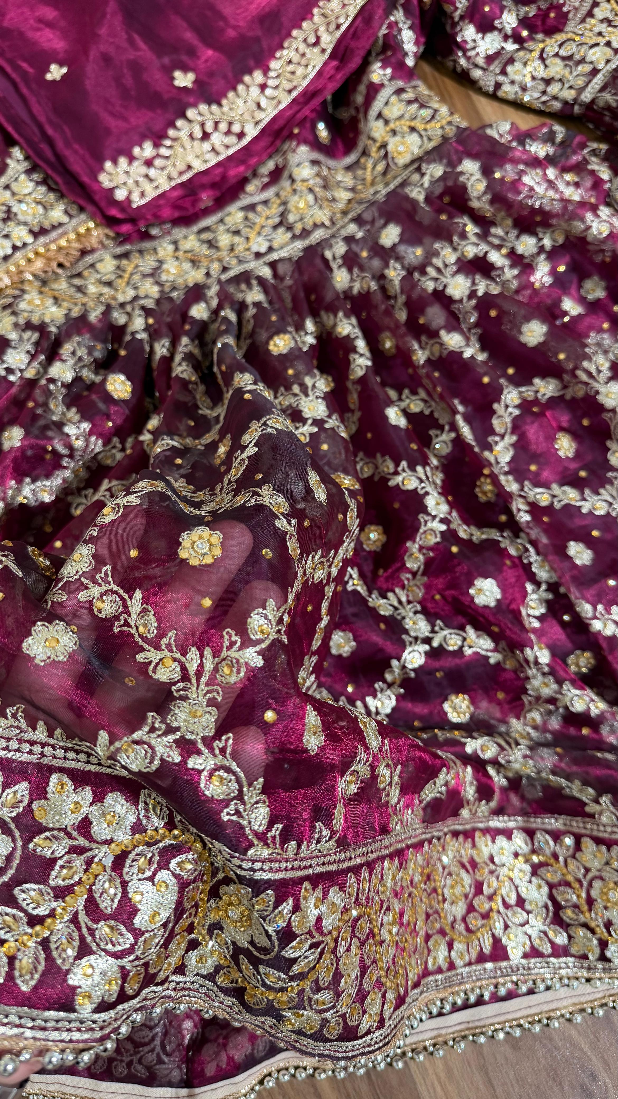 100% PURE TISSUE SILK HAND WORK KURTI GHARARA