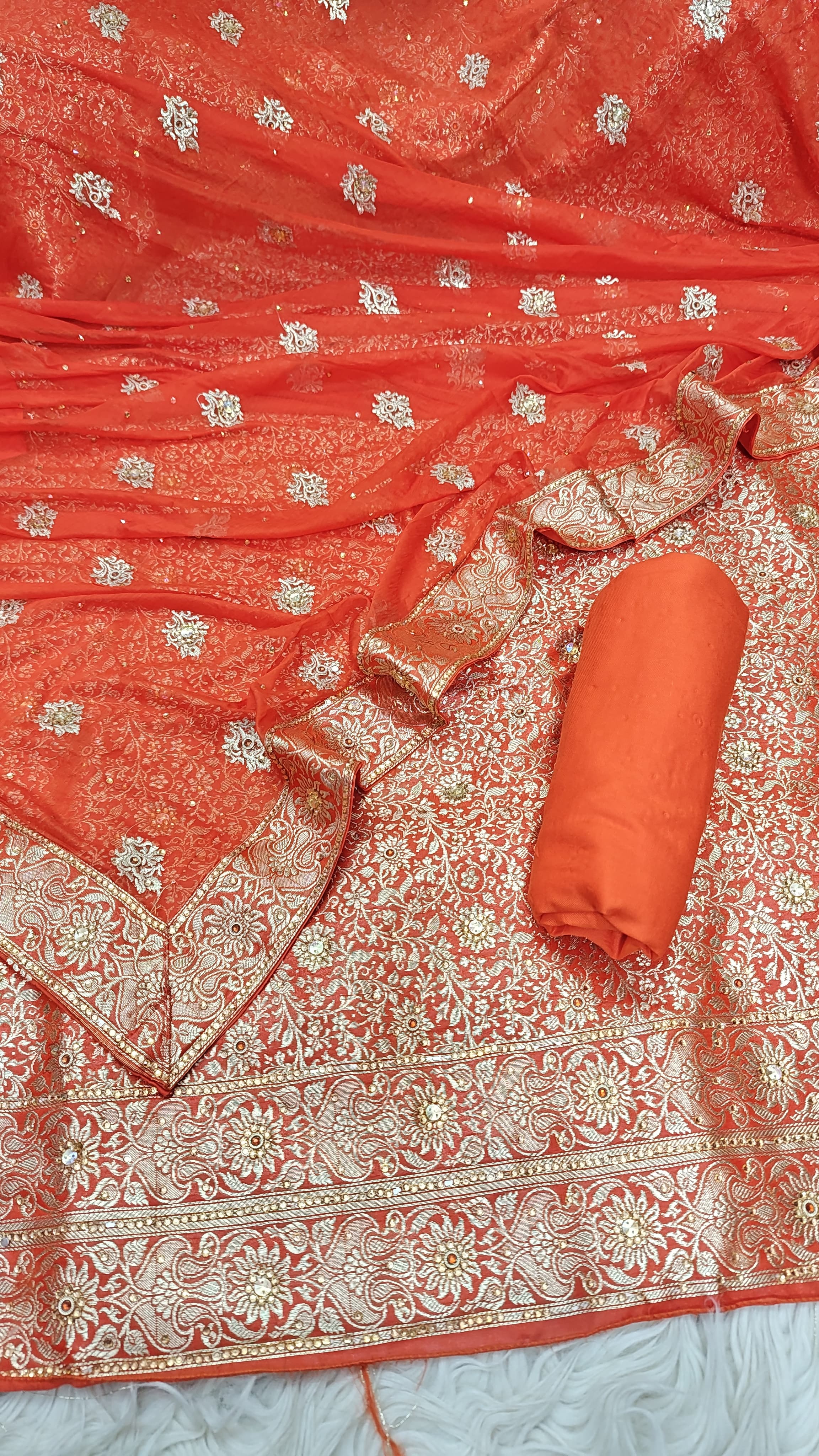 Bright Orange Banarasi Kimkhab Silk 3 Piece Suit