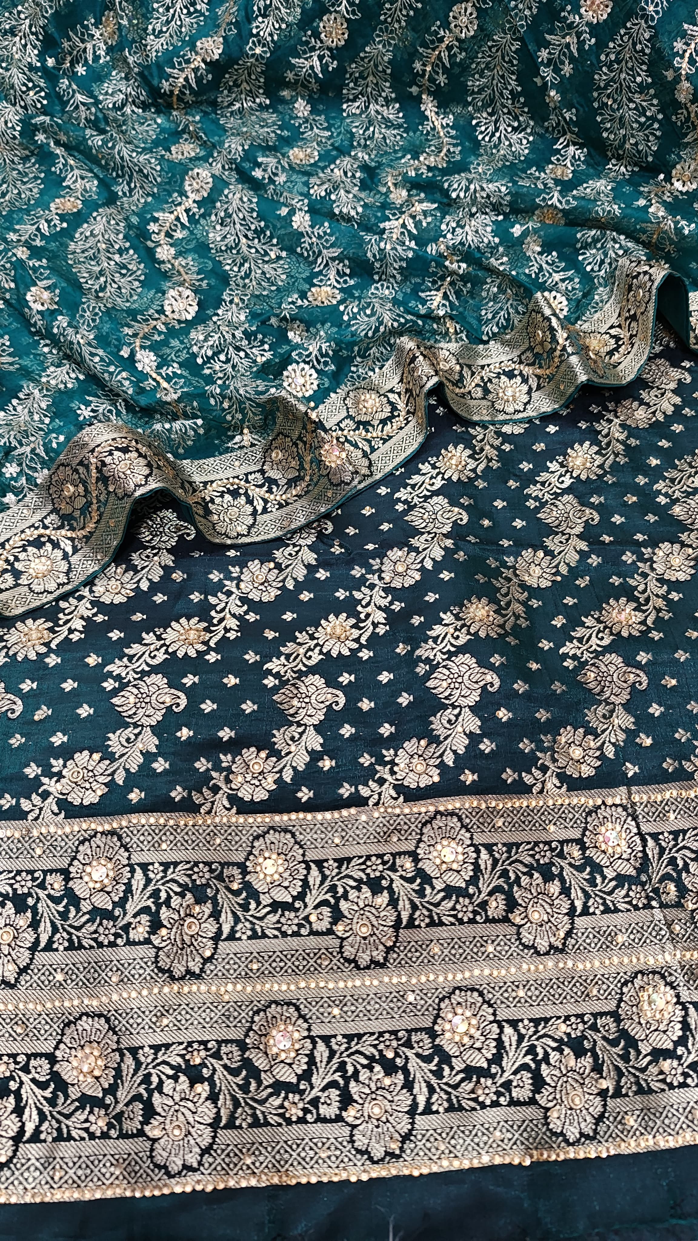 Viridian green banarsi kimkhab 3 piece suit