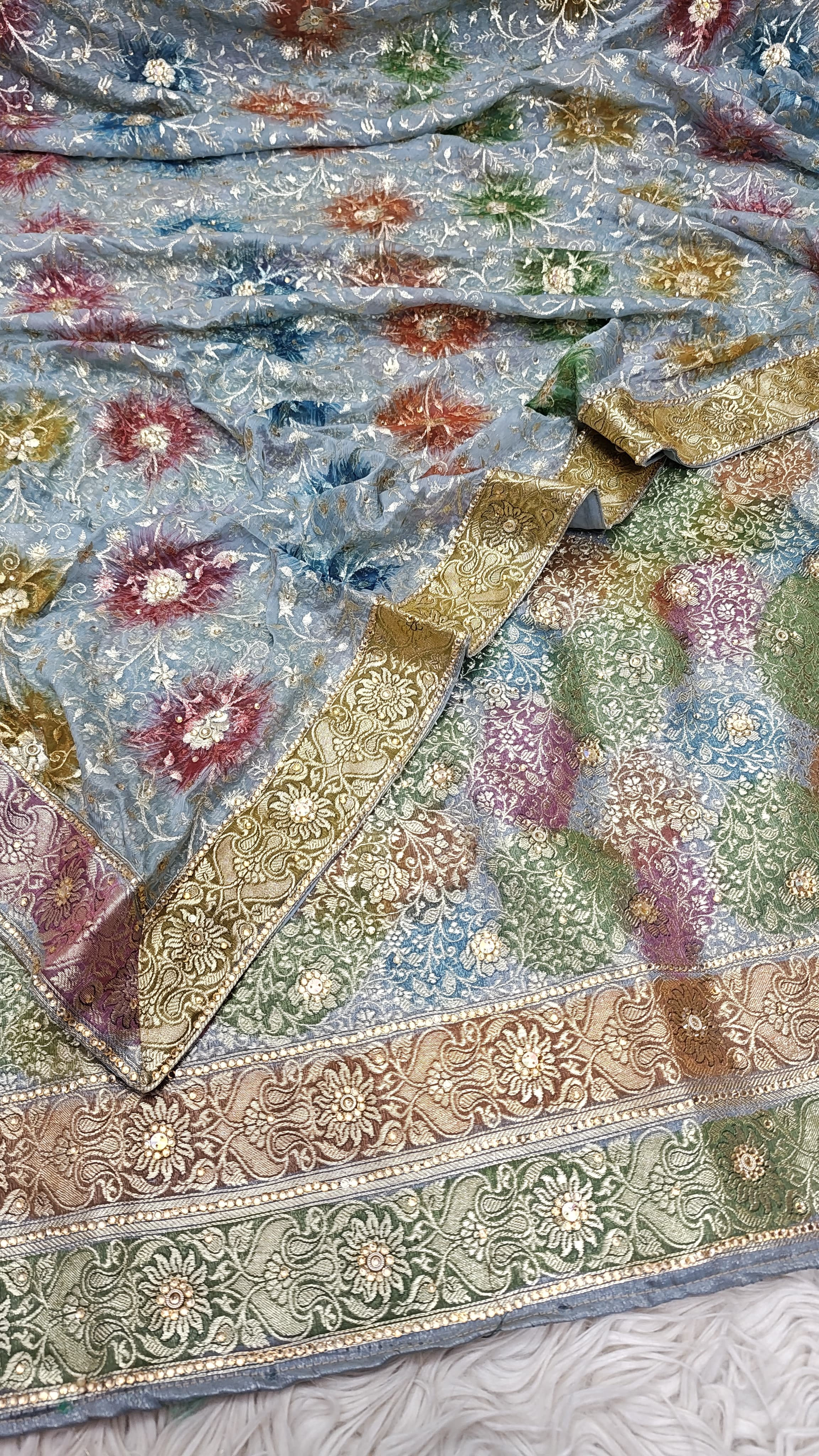Brigh Denim Banarasi Kimkhab Silk 3 Piece Suit