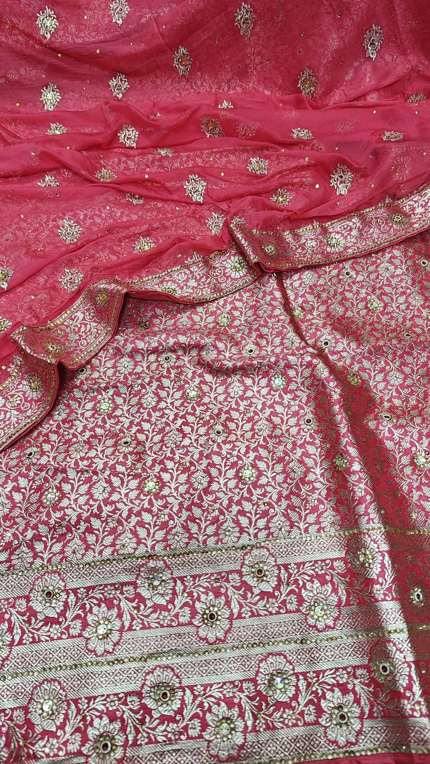 Strawberry Banarasi Kimkhab Silk 3 Piece Suit