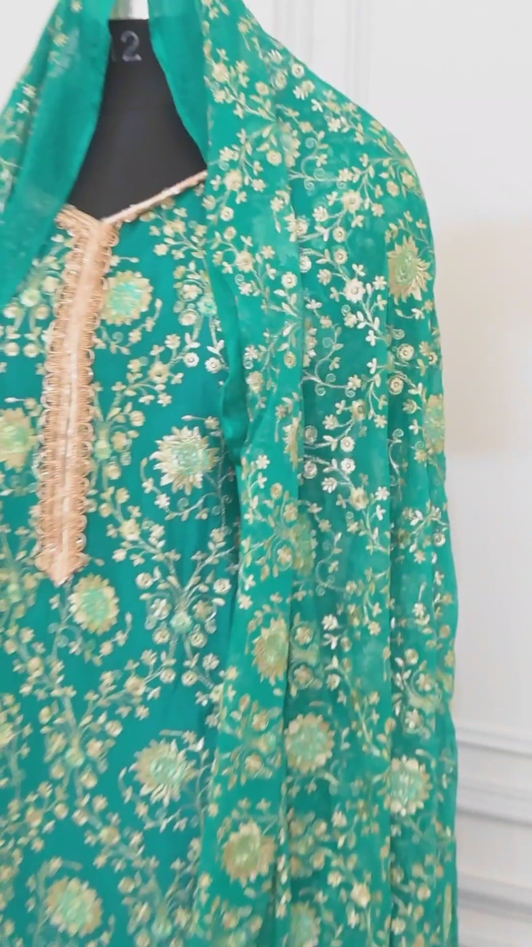 Rama Green Jaal Pattern Chiffon Silk Gharara