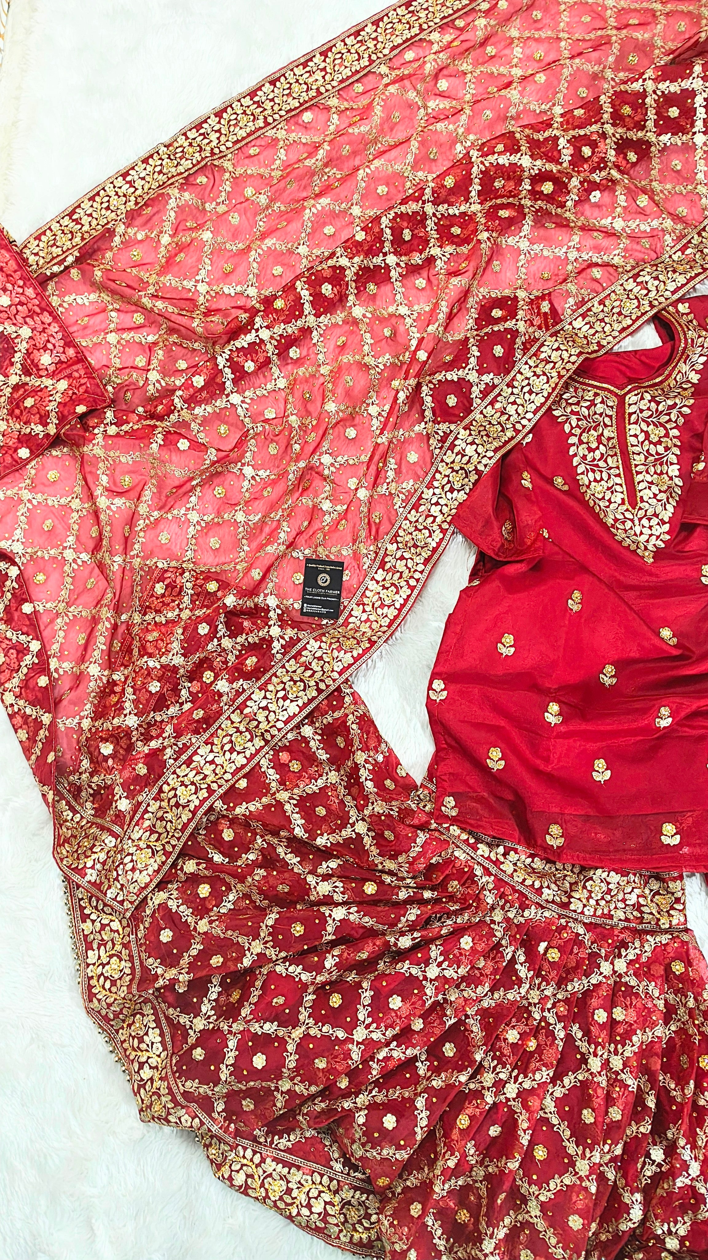 Bridal Maroon Jaal Pattern Embroidered Gharara
