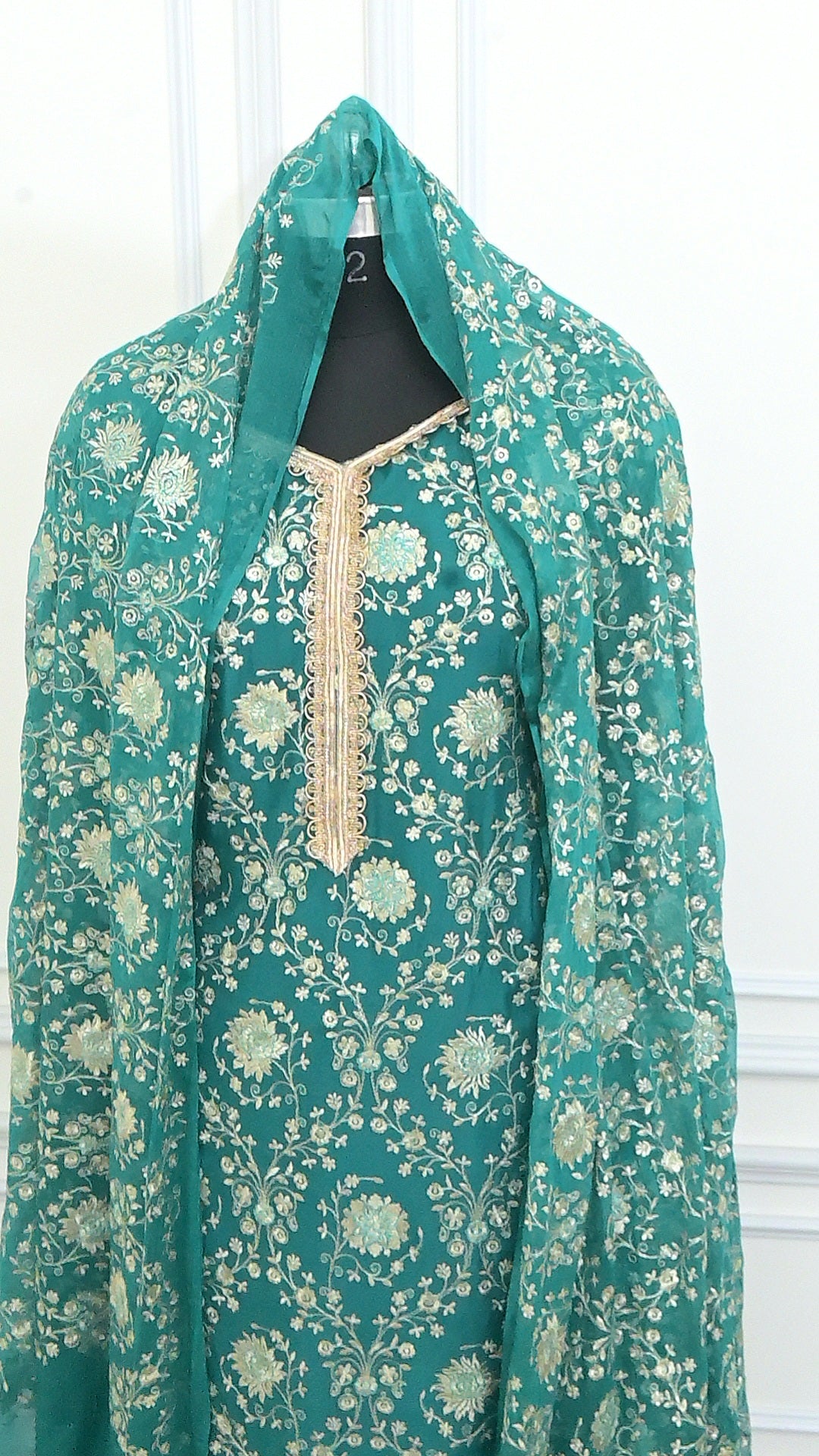 Rama Green Jaal Pattern Chiffon Silk Gharara