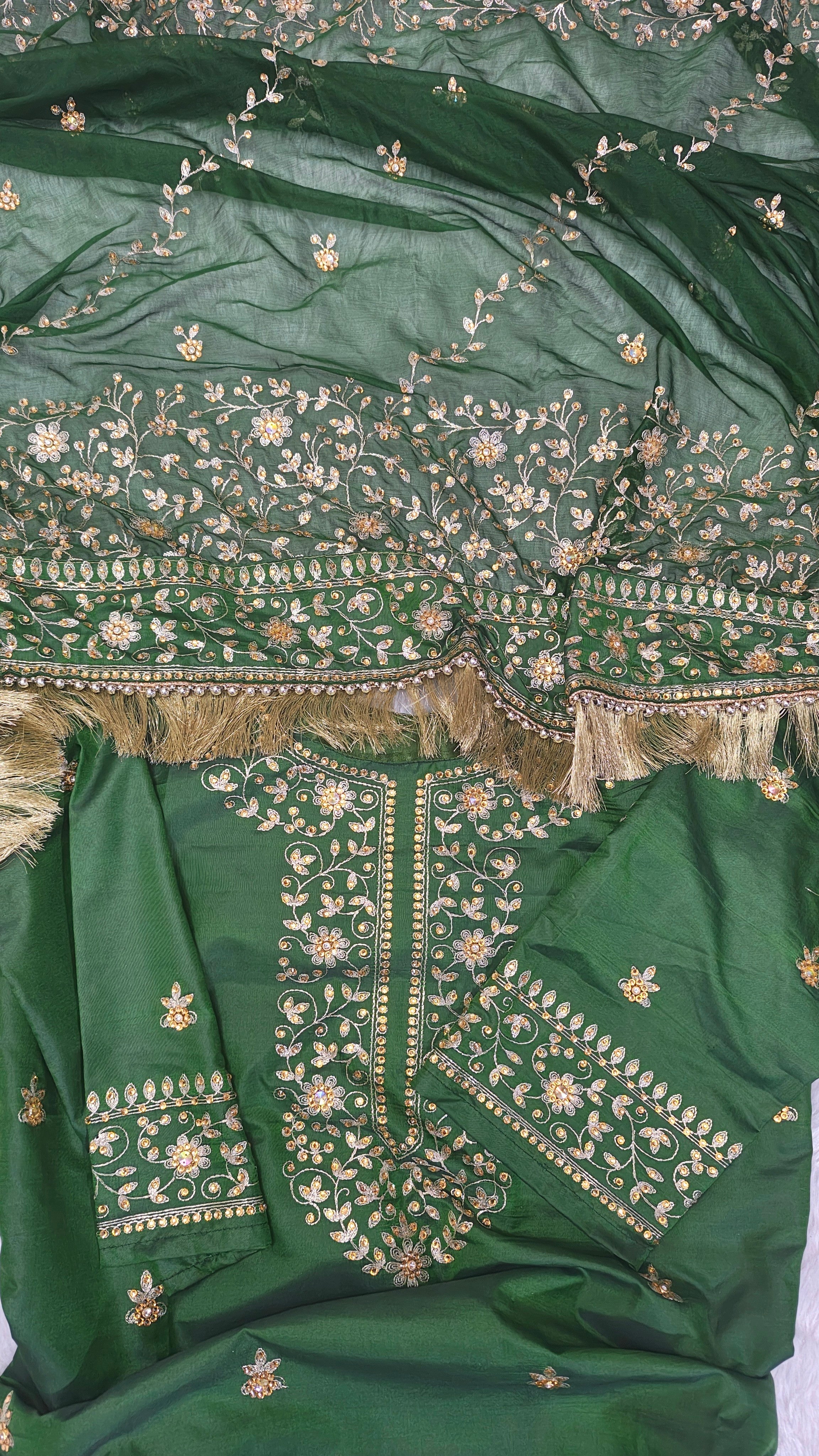 Dark Mehandi Green aada pattern Embroidered Gharara with Viscose silk base