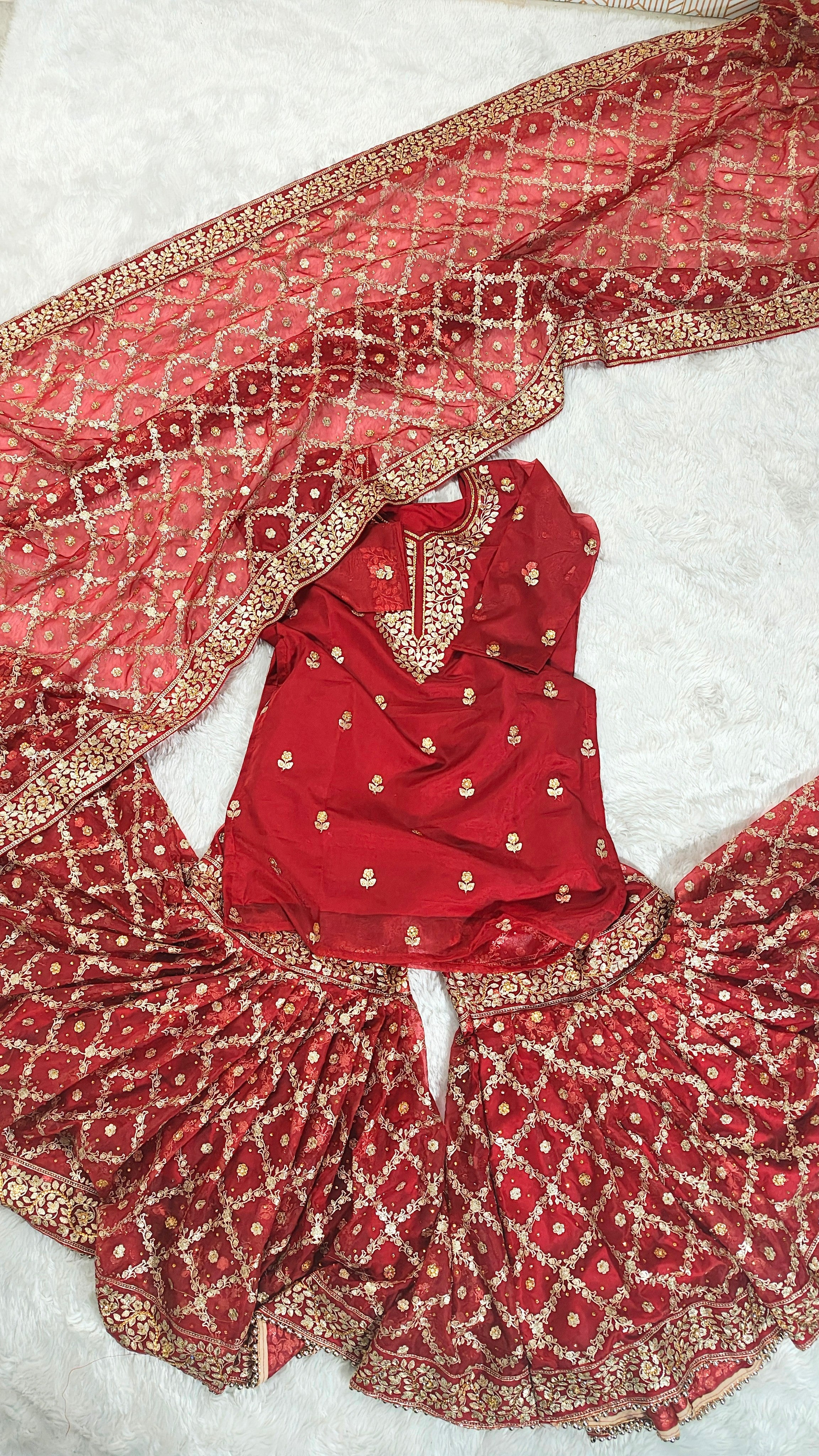 Bridal Maroon Jaal Pattern Embroidered Gharara