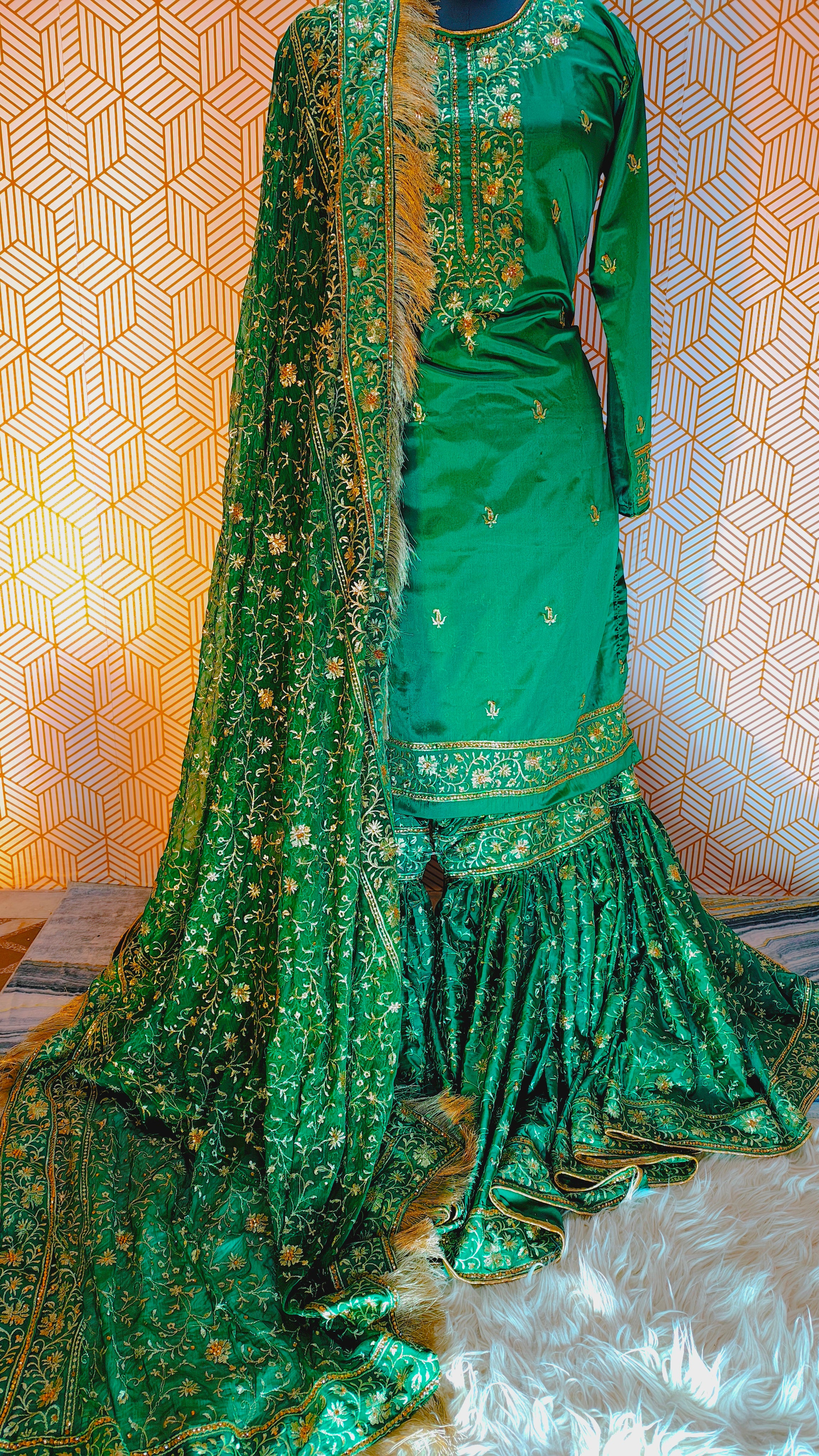 parrot Green Embroidered Gharara with Viscose silk base