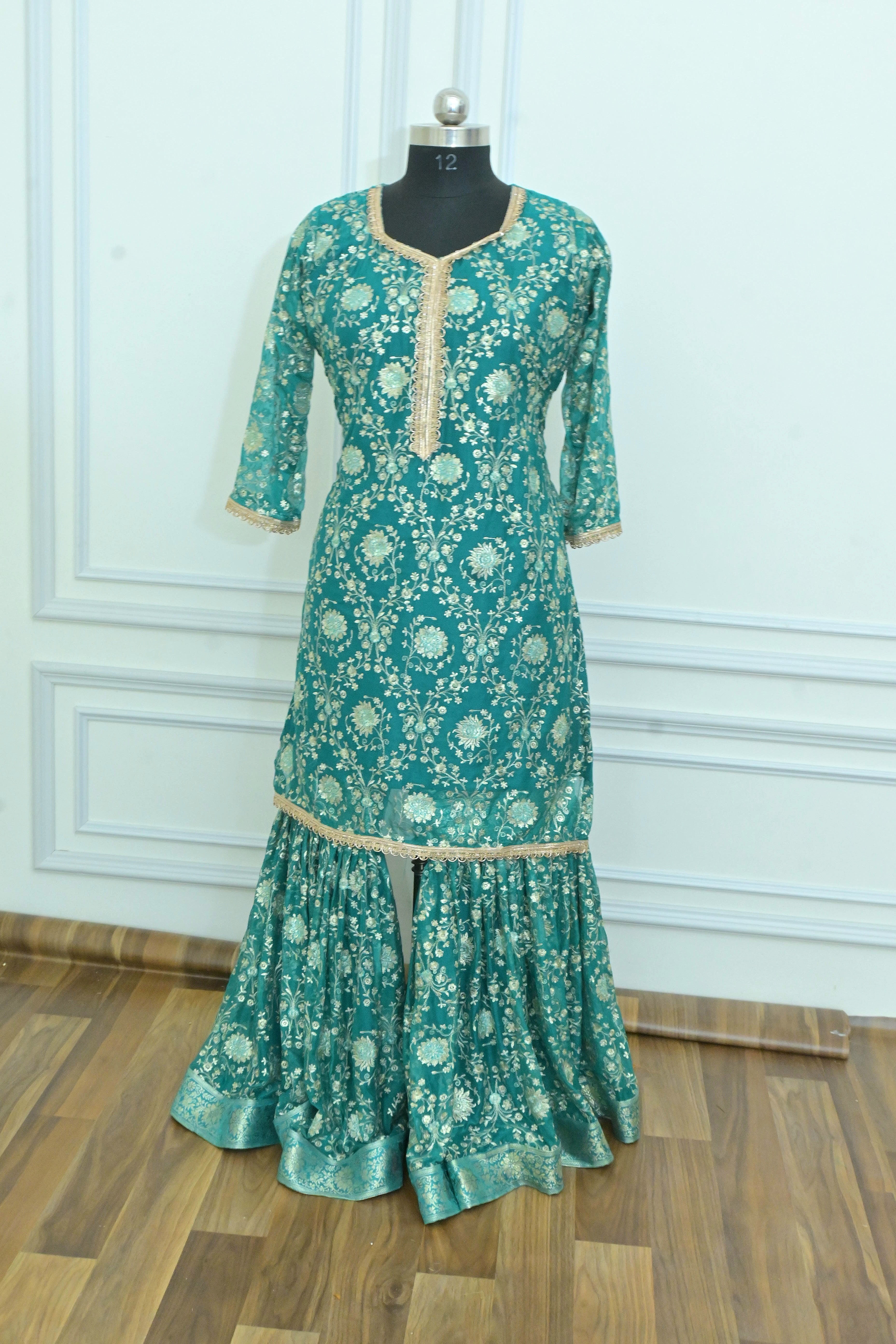 Rama Green Jaal Pattern Chiffon Silk Gharara