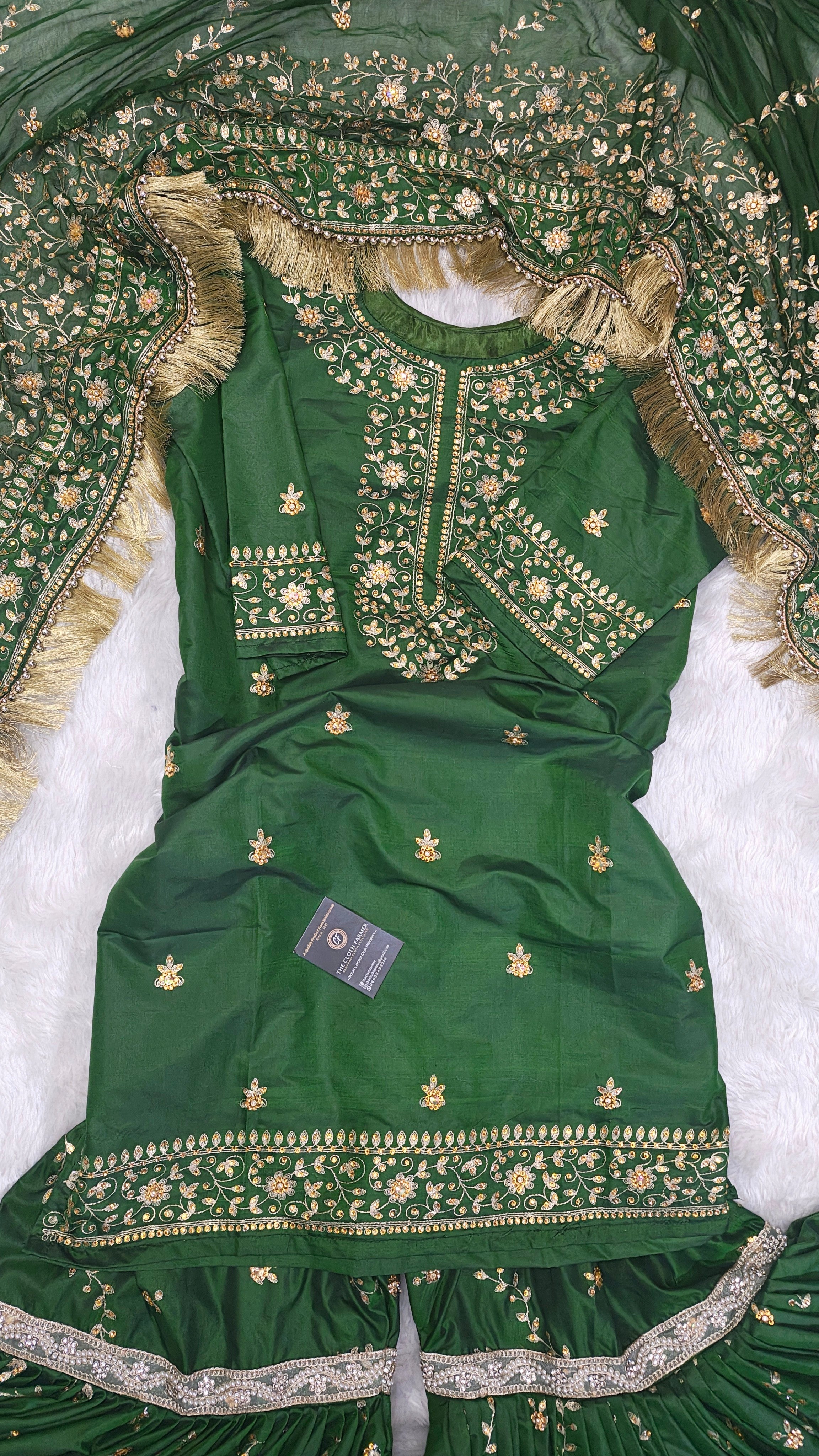Dark Mehandi Green aada pattern Embroidered Gharara with Viscose silk base
