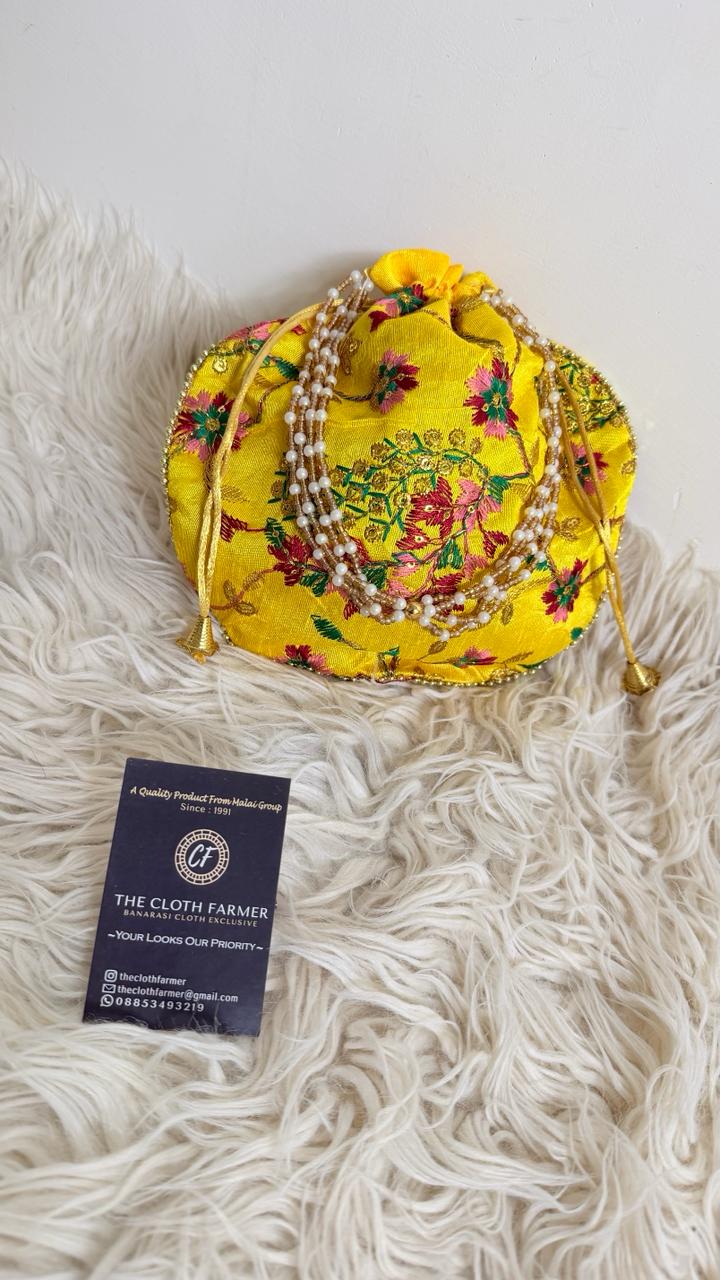 YELLOW COLOR EMBROIDED BANARASI POTLI