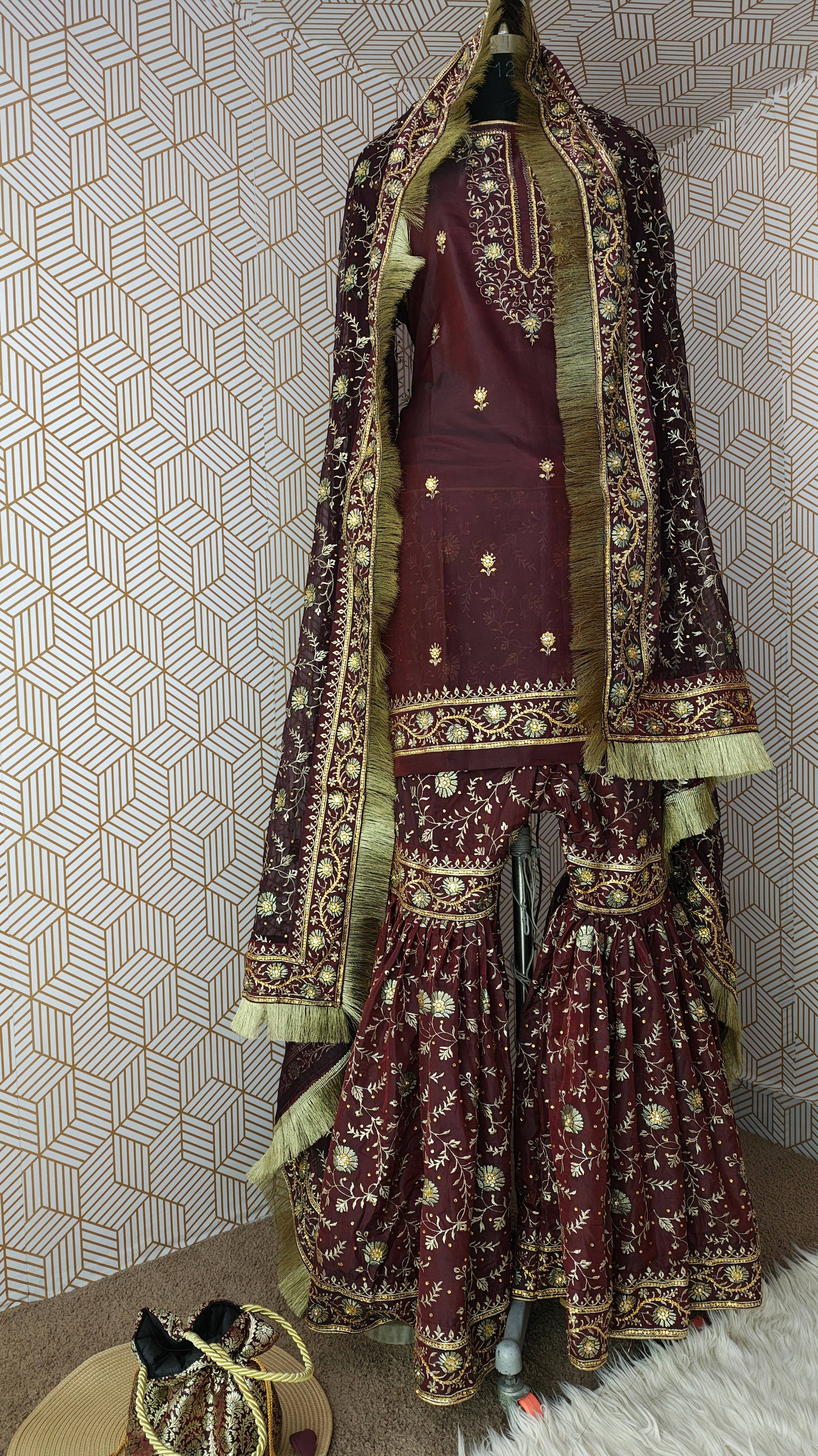 Coffee maroon Embroidered Gharara with Viscose silk base
