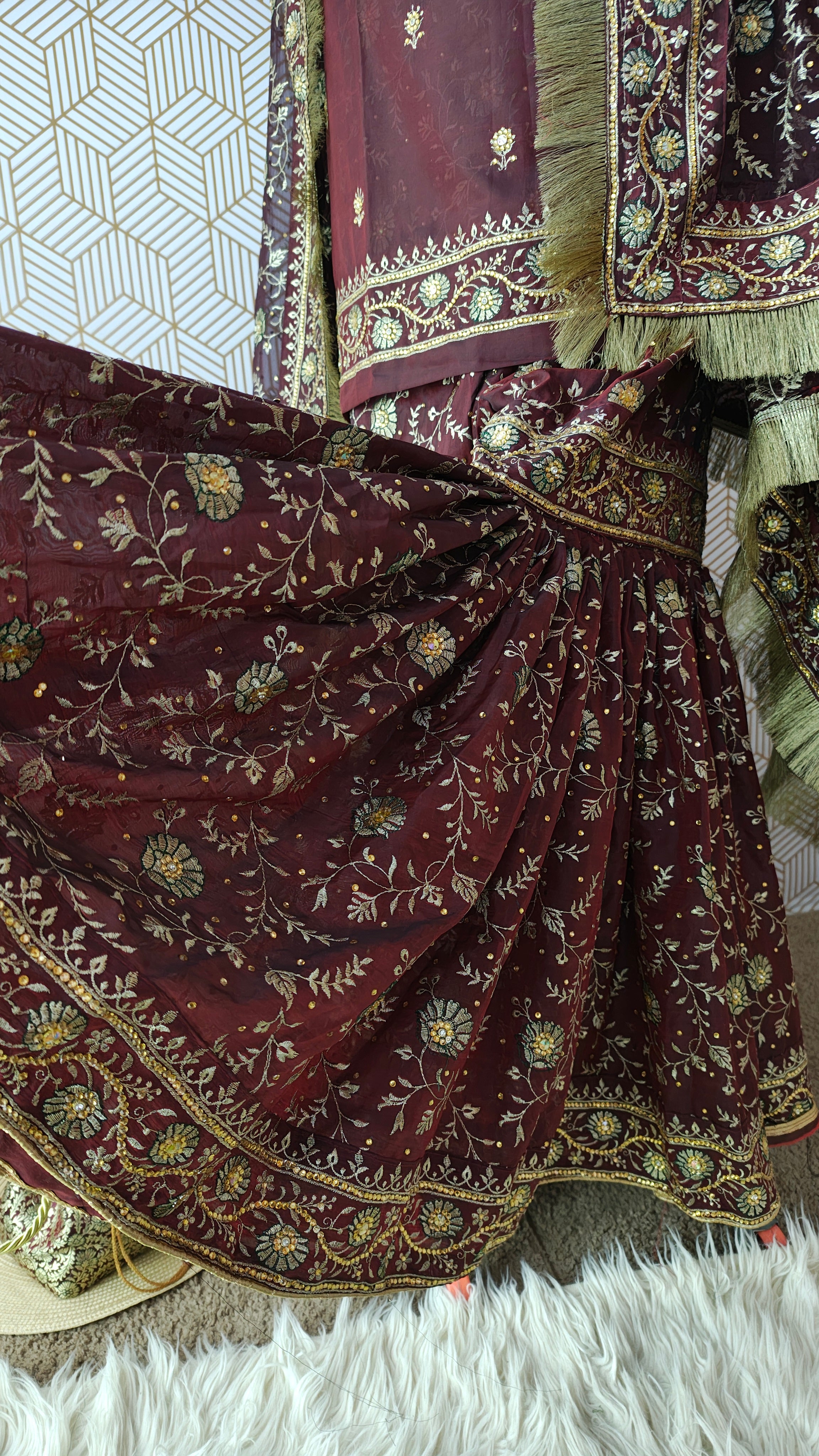 Coffee maroon Embroidered Gharara with Viscose silk base