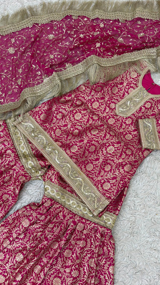 RANI PINK BANARASI TOP GHARARA