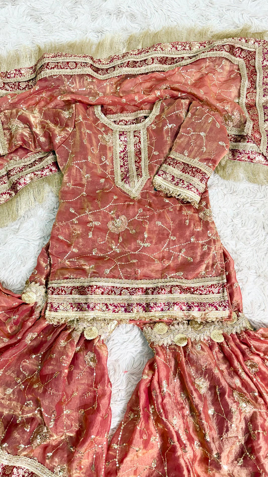 PEACH KIDS ORGANZA RAMPURI GHARARA