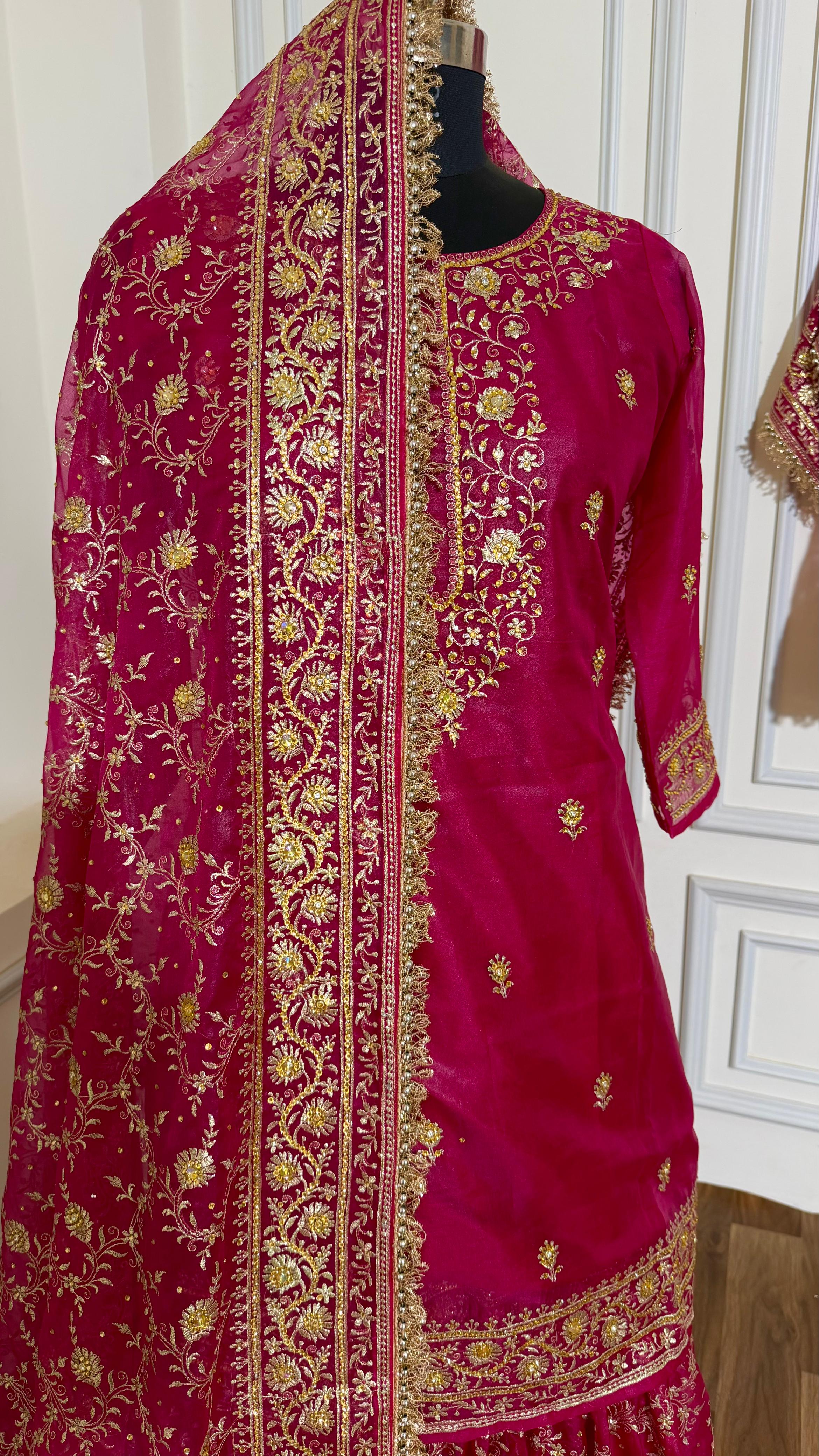 Rani pink zari Embroidery jaal gharara