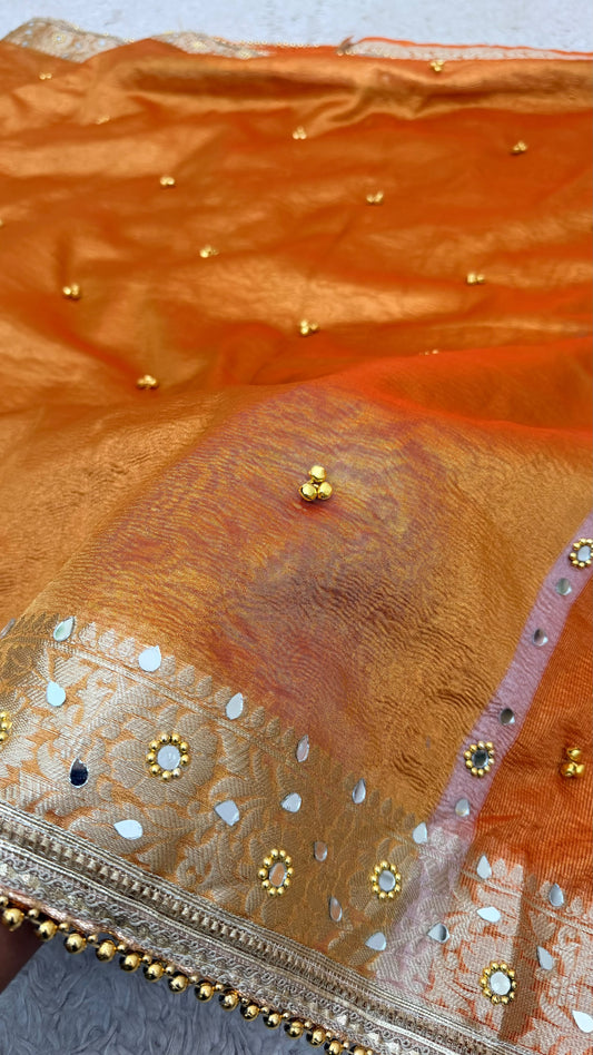 METALLIC ORANGE GHUGROO MIRROR WORK SAREE