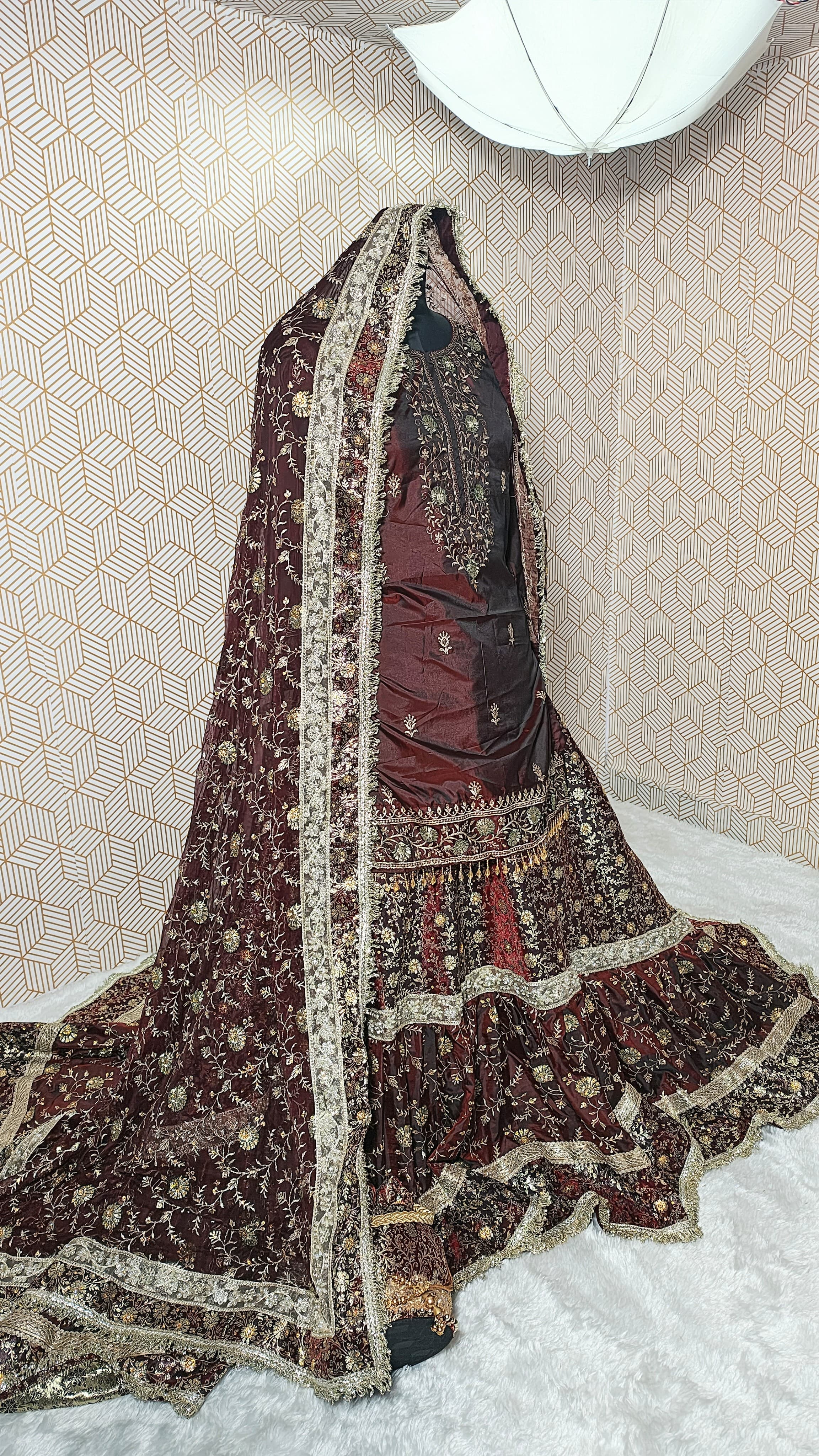 Dark maroon farshi long trail lahenga