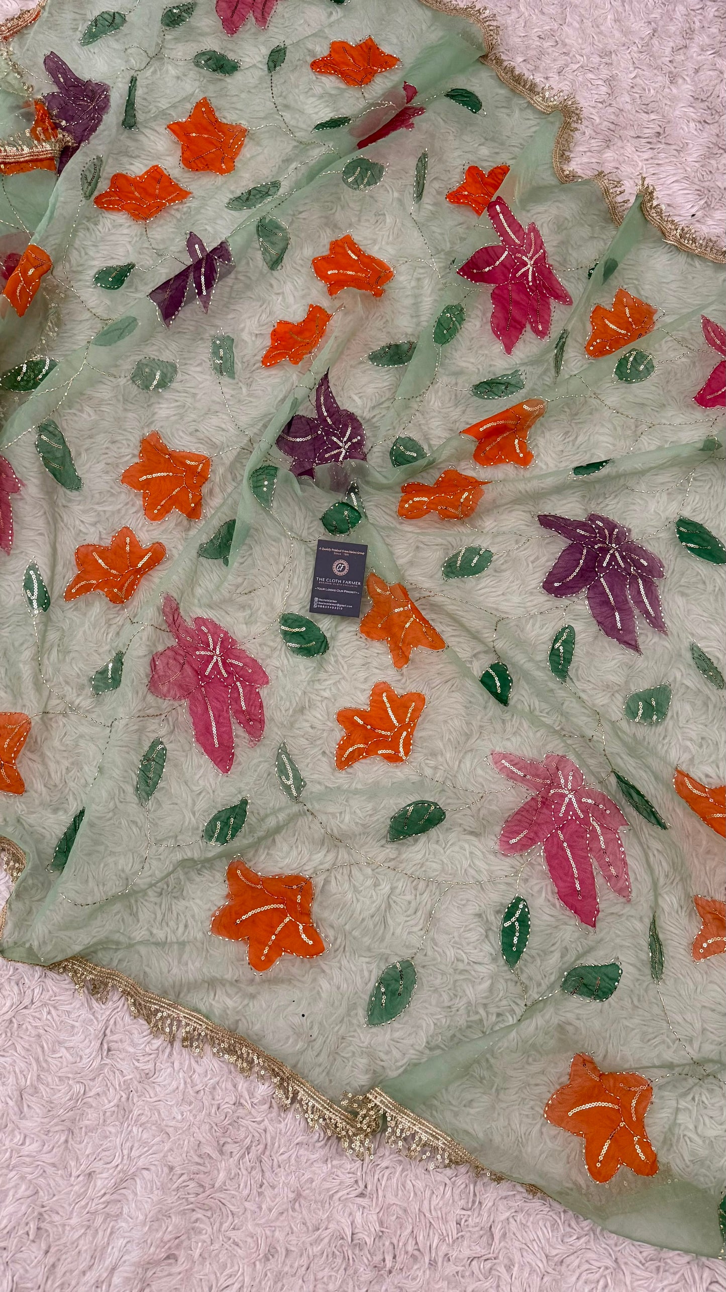 ORANGE MAROON GREEN FLORAL PAINTED DUPATTA