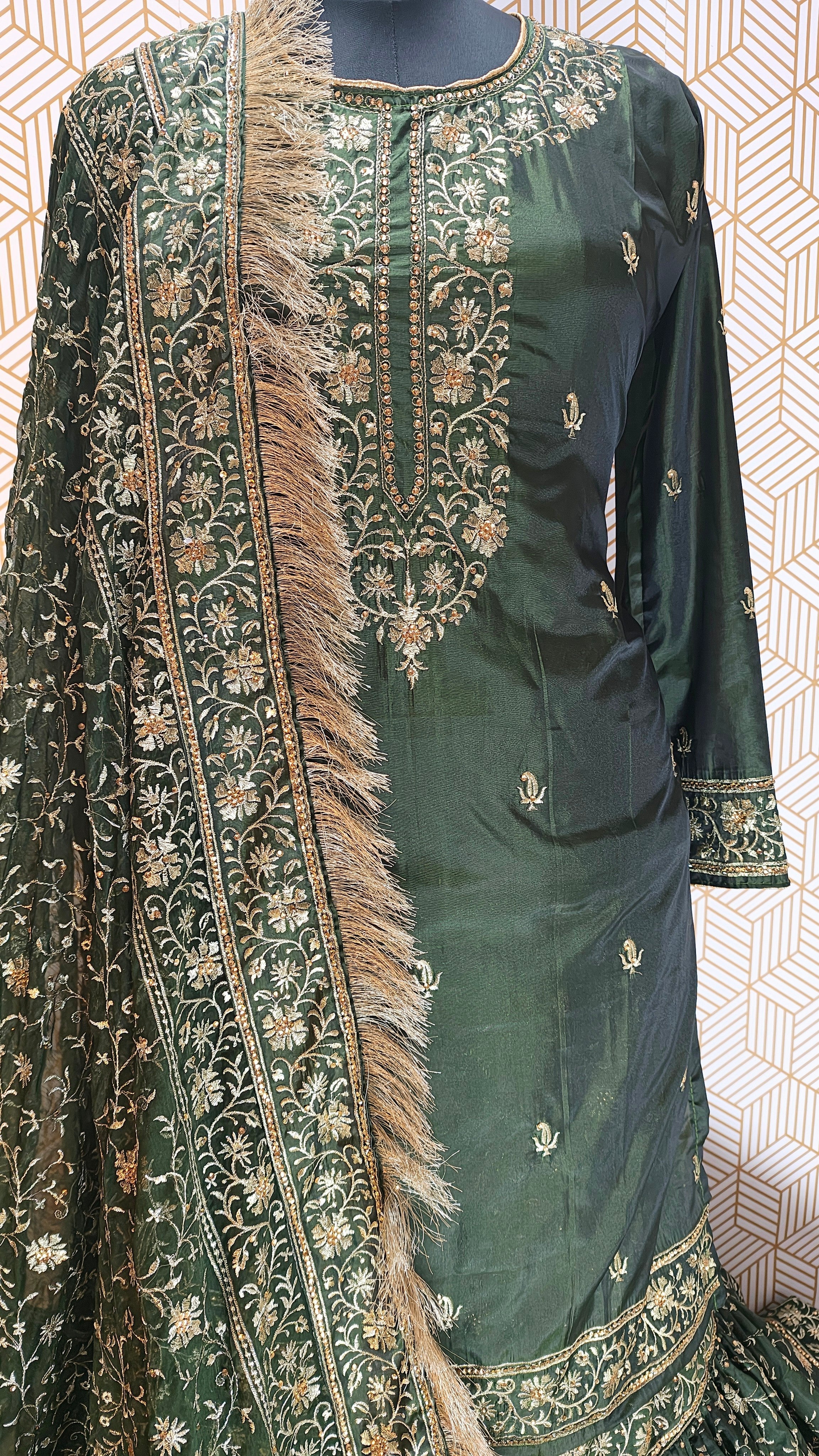 Dark Mehandi green Embroidered Gharara with Viscose silk base