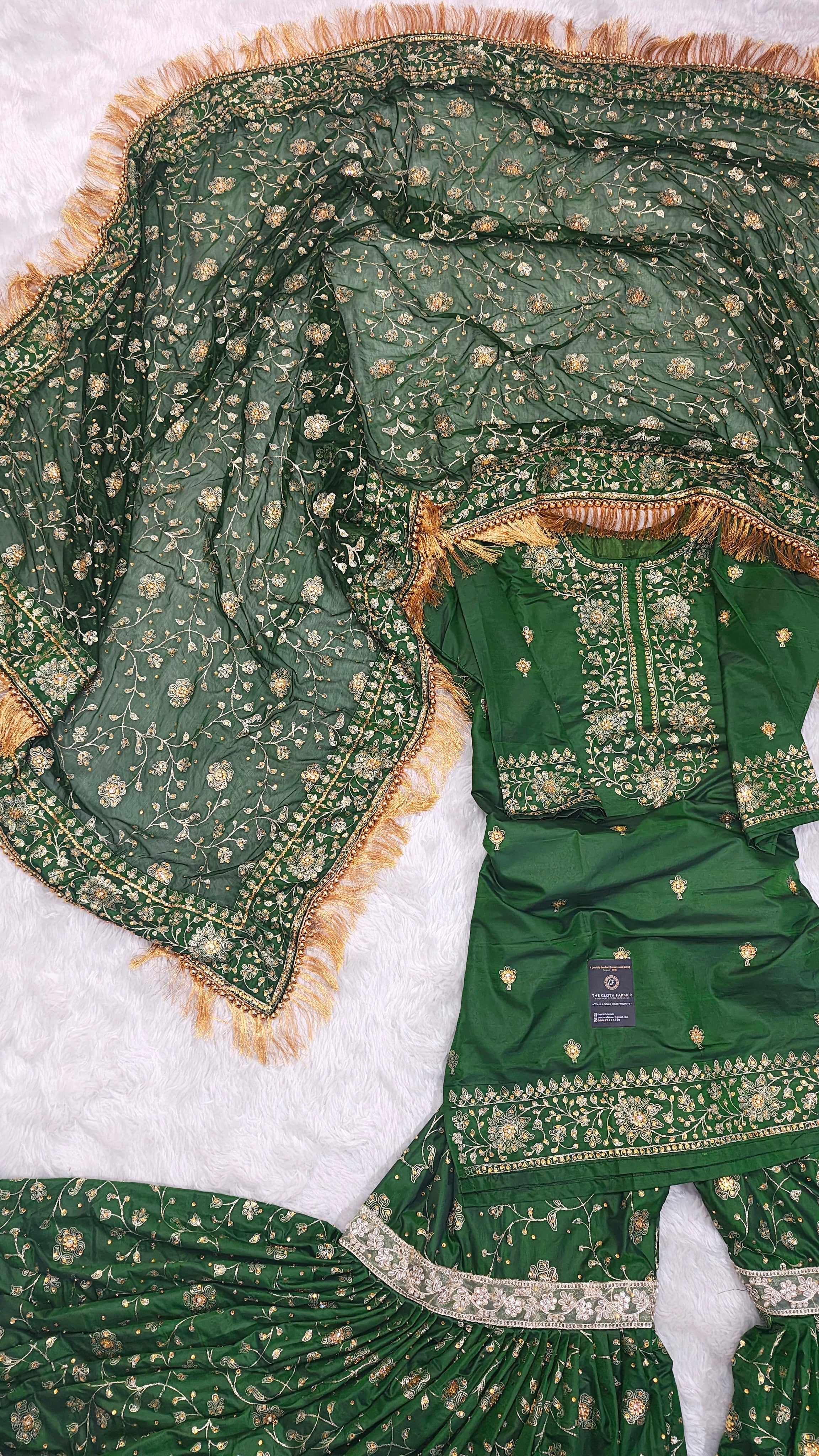Dark Mehandi Green Embroidered Gharara with Viscose silk base