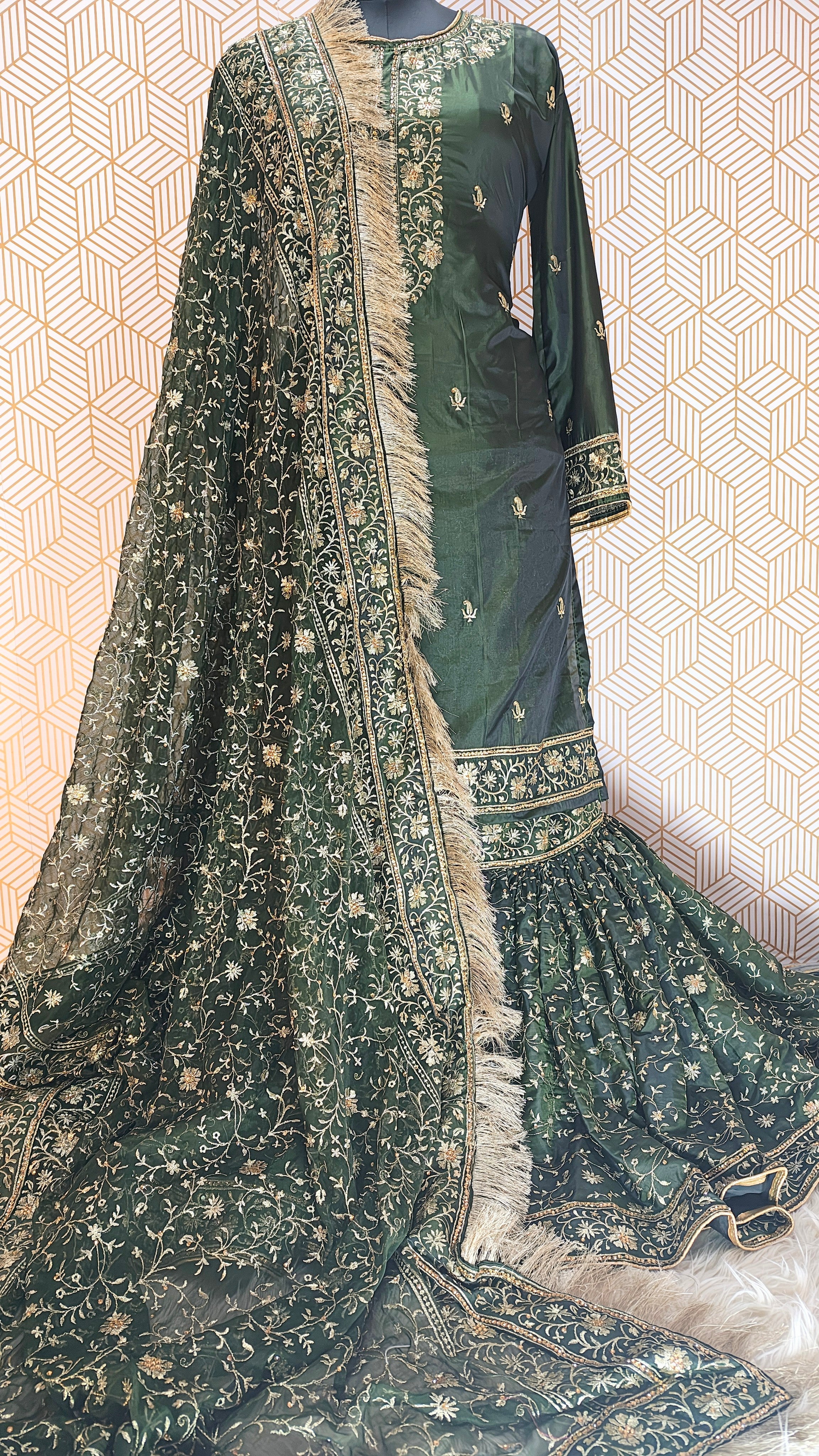 Dark Mehandi green Embroidered Gharara with Viscose silk base