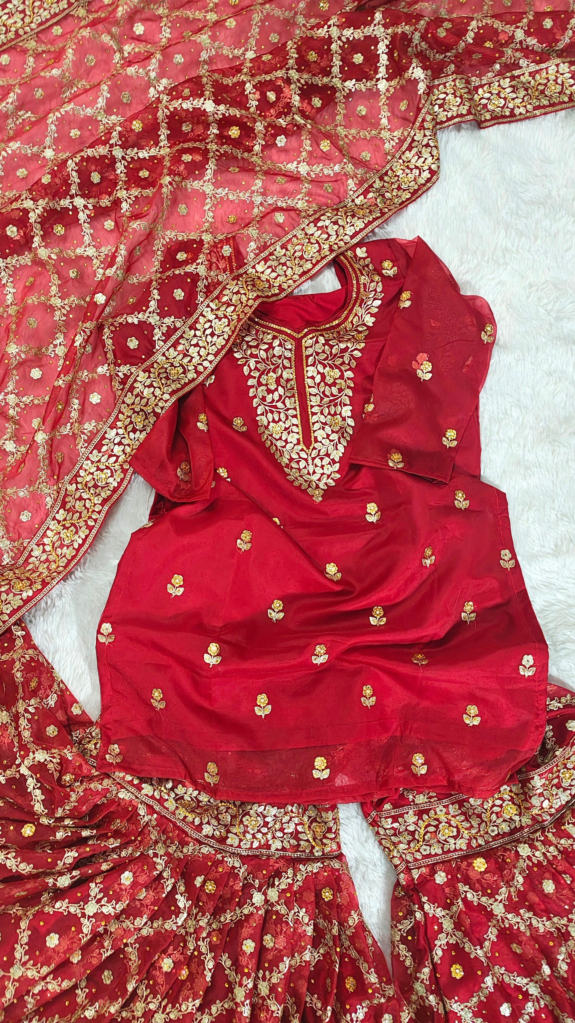 Bridal Maroon Jaal Pattern Embroidered Gharara