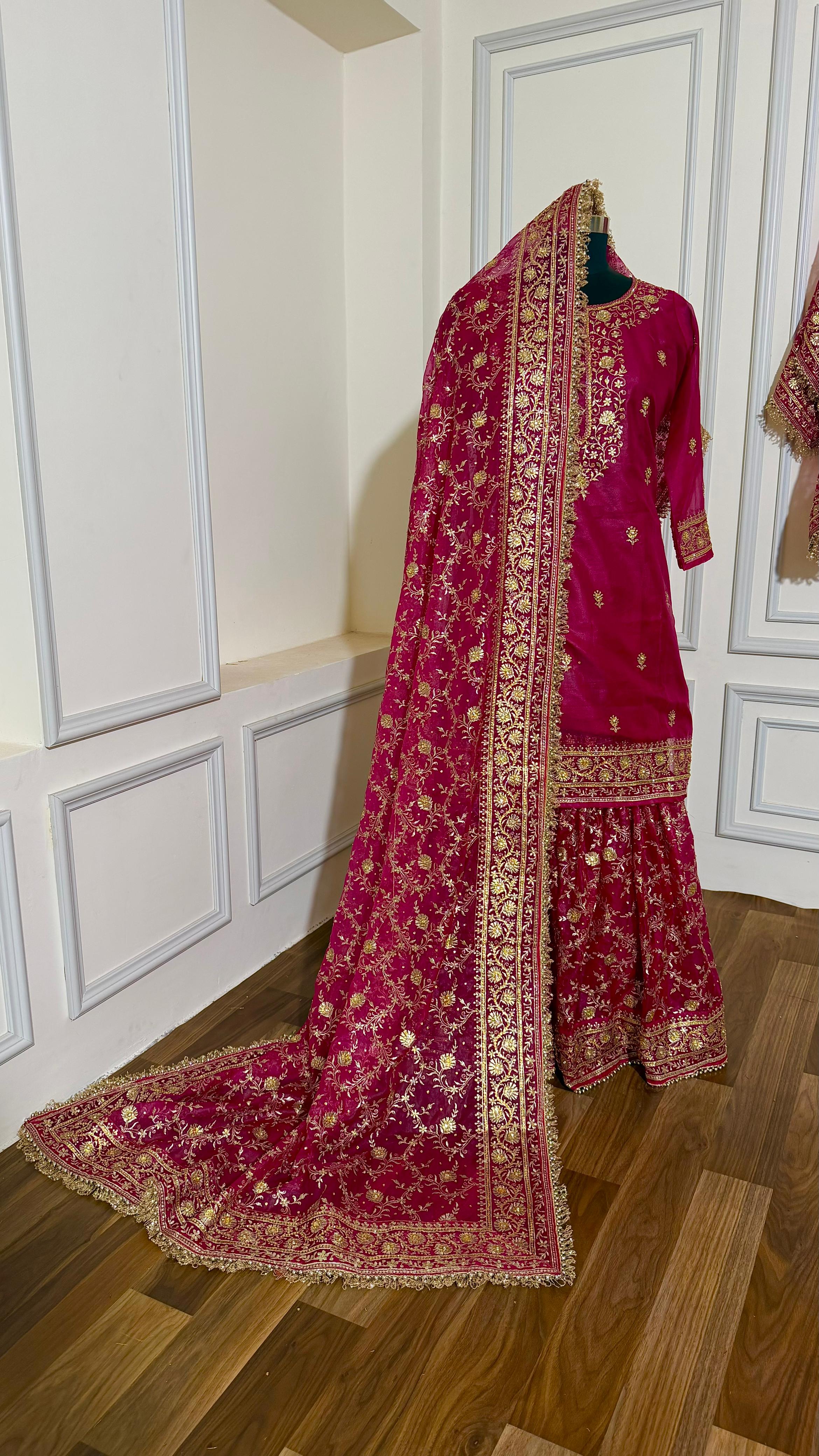 Rani pink zari Embroidery jaal gharara